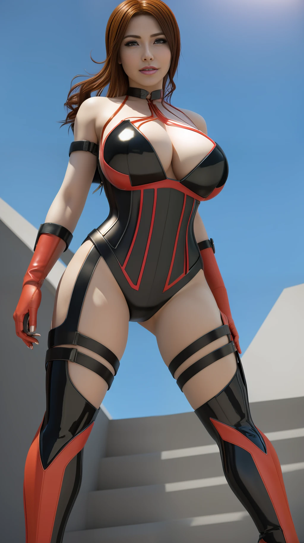 Unreal engine Realistic Render, cosplay women with perfect body, beautiful makeup, red lib, idol, hyper large breasts, huge buttock, hyperrealistic perfect body