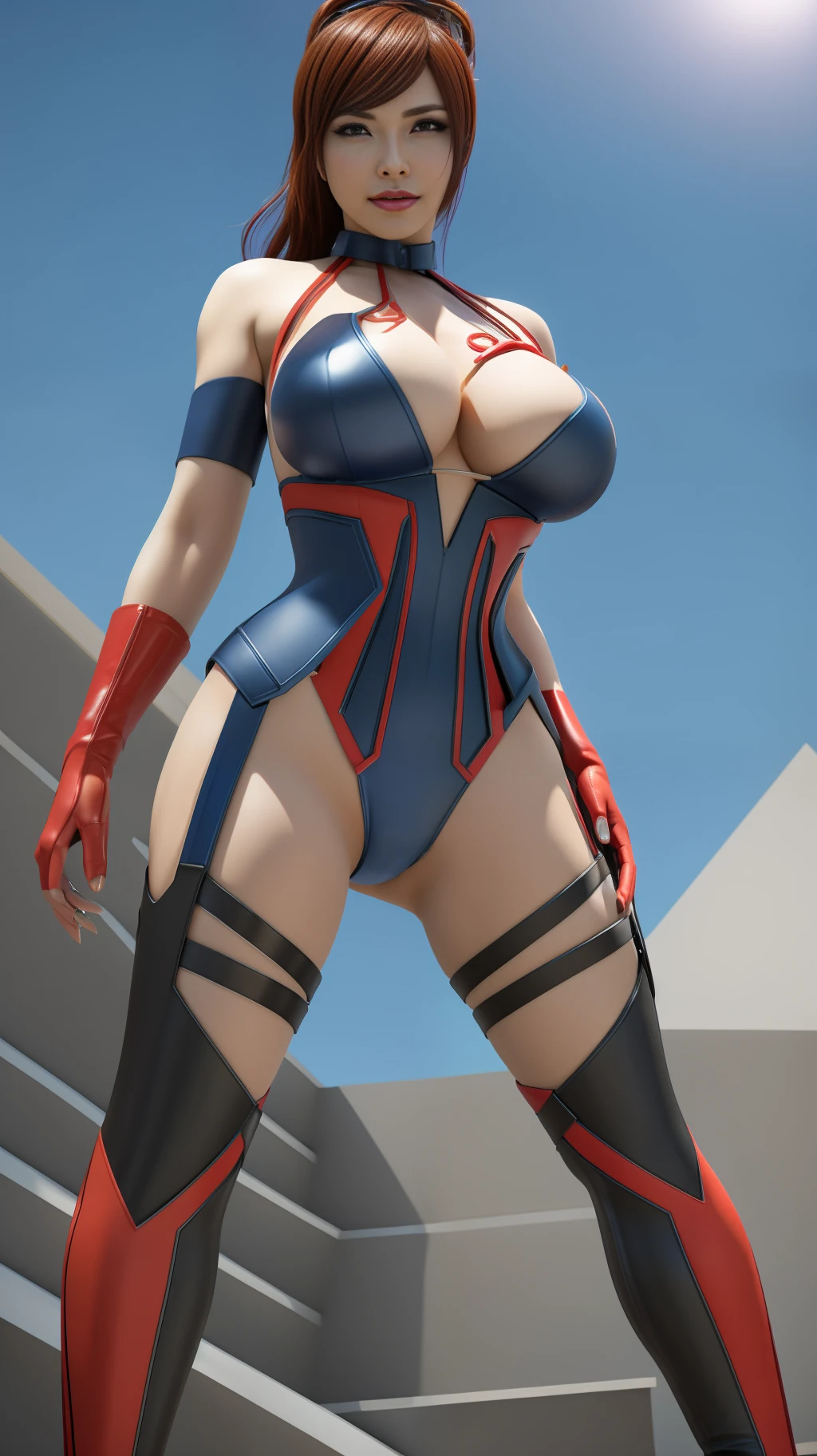 Unreal engine Realistic Render, cosplay women with perfect body, beautiful makeup, red lib, idol, hyper large breasts, huge buttock, hyperrealistic perfect body