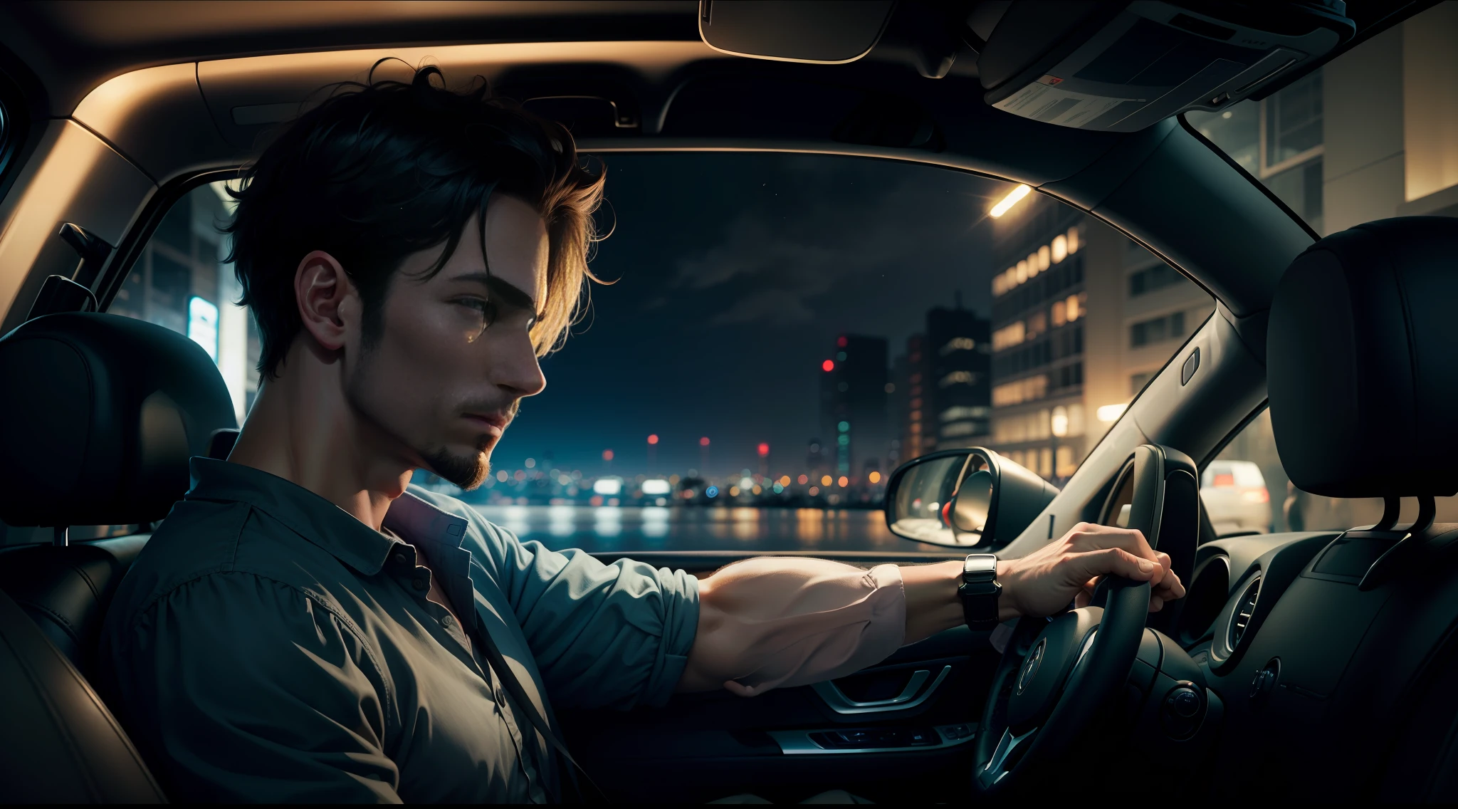 Man looking out the car window on a dark night