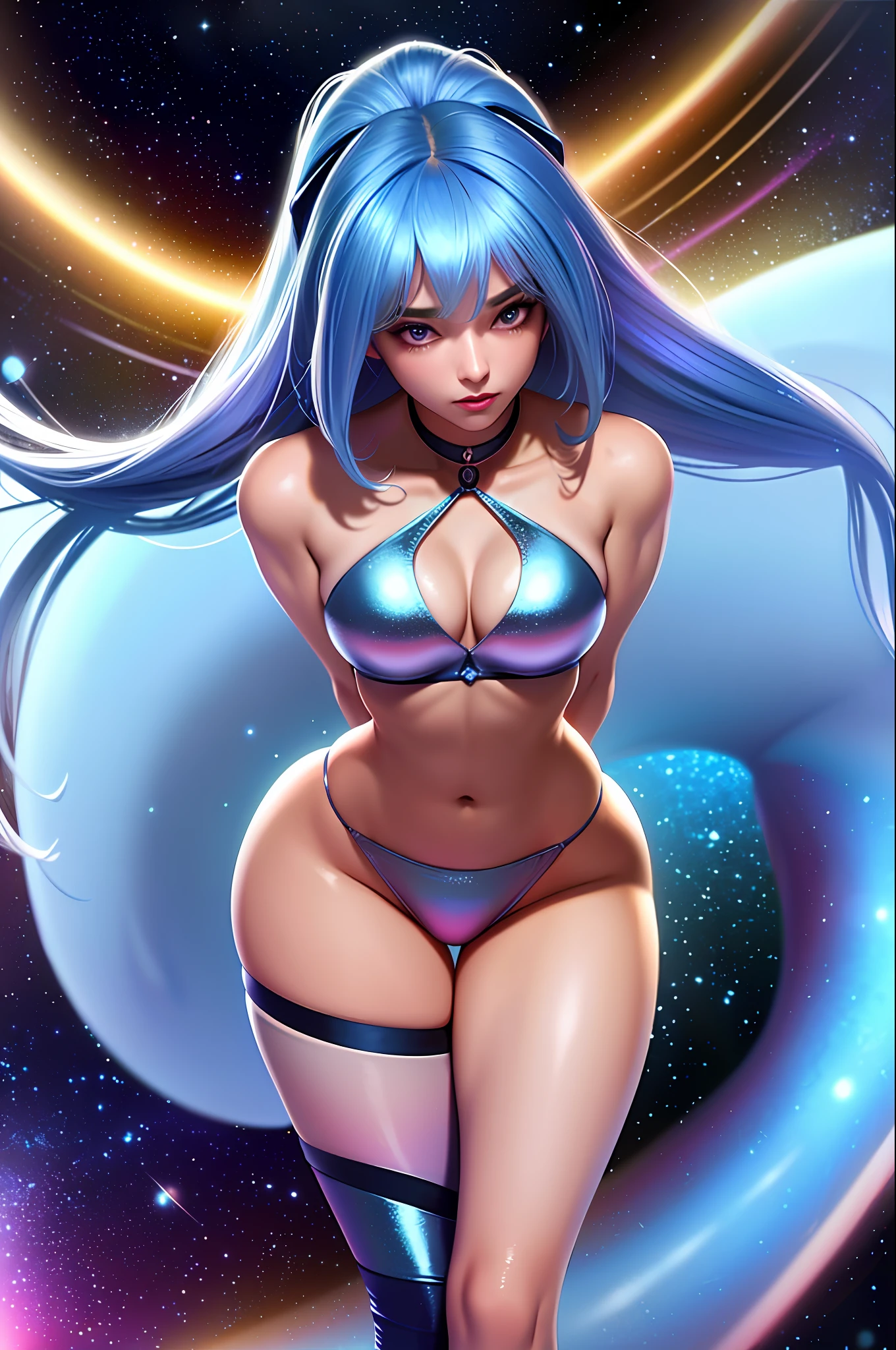 sapphire, Caucasian girl with medium breasts, small waist and wide hips, sexy, beautiful, mystical, wearing tight crop top, pevic cloth, in space, galaxy print outfit, underboob, futuristic crazy anime hair do, head and body adorned in SCI-FI jewelry, perfect breasts, perfect cleavage, soft breasts, blushing, shy face, ((tiny panties)) flowing long sheer silk white ribbons off waist, hyper sexualized, stylized, alluring, glowing blue soft ligh,iridescent colours, glitter makeup, glamour model poses, very curvy body