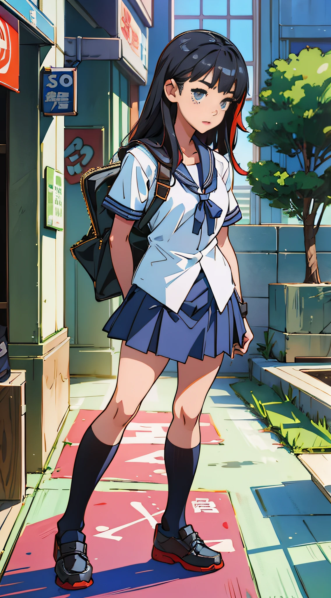 Close up portrait of woman in skirt and shirt, schoolgirl posing, schoolgirl wearing skirt and black high socks, Japan school girl uniform wearing Japan uniform, Japan school uniform, cute schoolgirl, schoolgirl in uniform, high school girl, young cute gravure idol, beautiful anime schoolgirl, arms behind back, upper body tilted to the left, long hair, full body --auto --s2