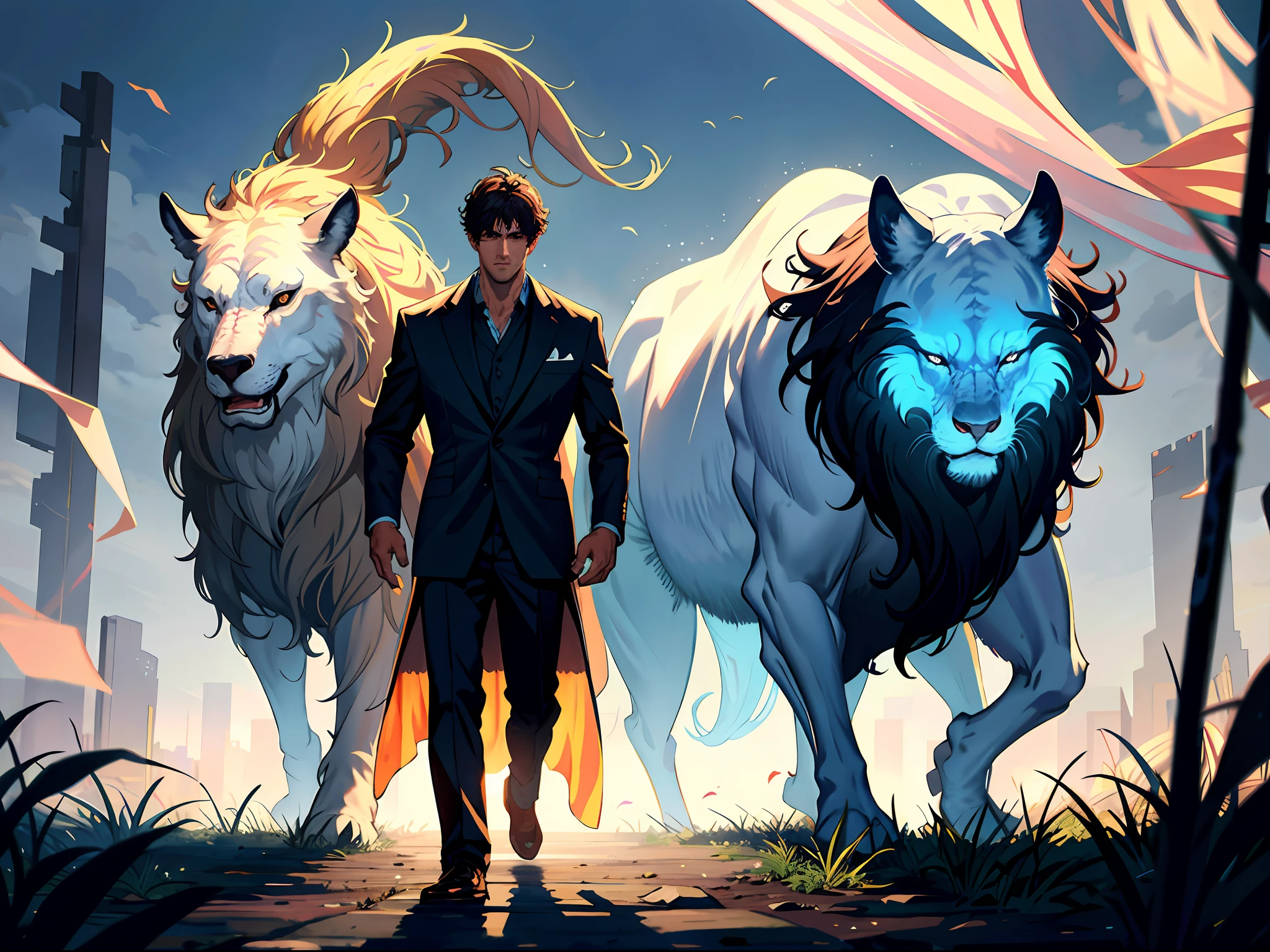 HD clear, best images, illustration quality, super detailed, a handsome standing in the wild with two translucent beast ghosts behind it