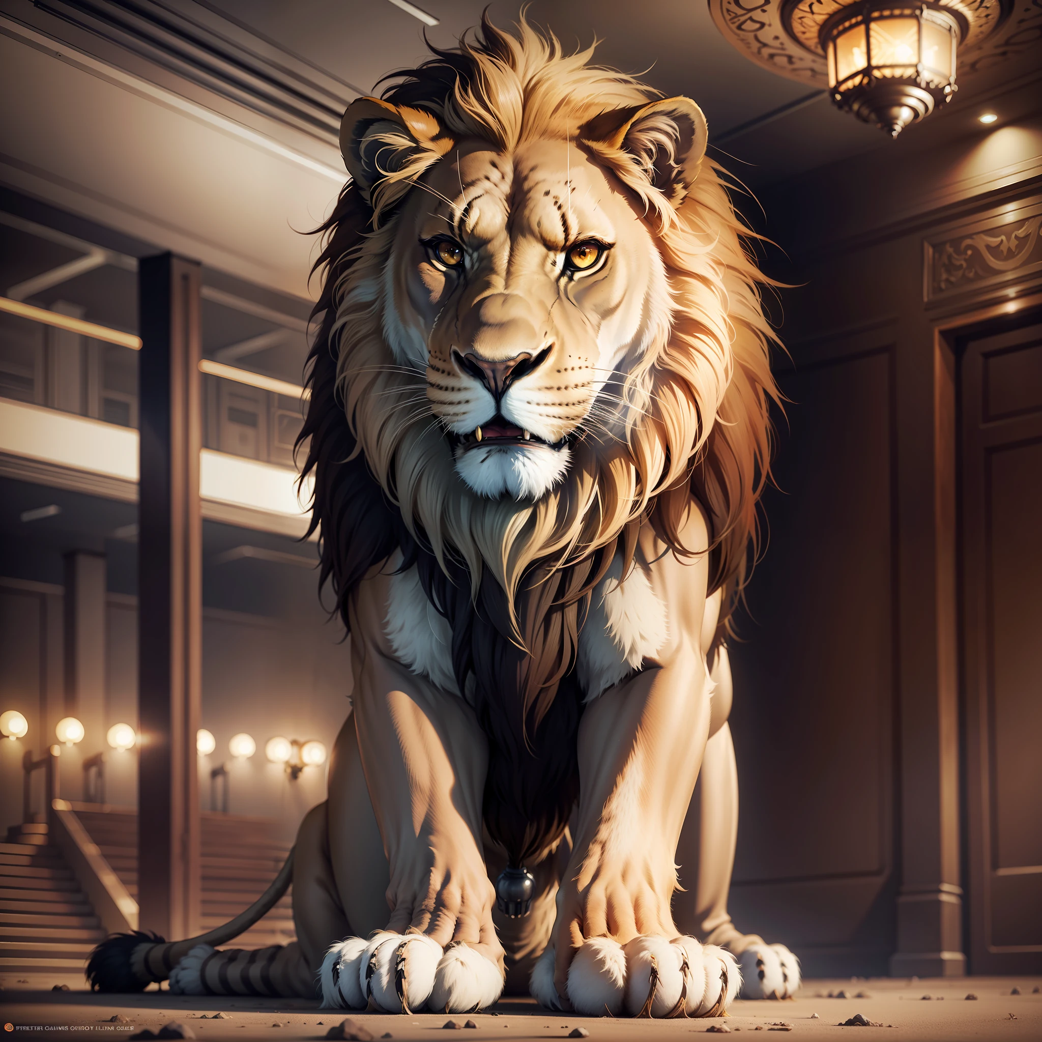An imposing lion, realistic, in a savannah, special cinema lighting, FHD