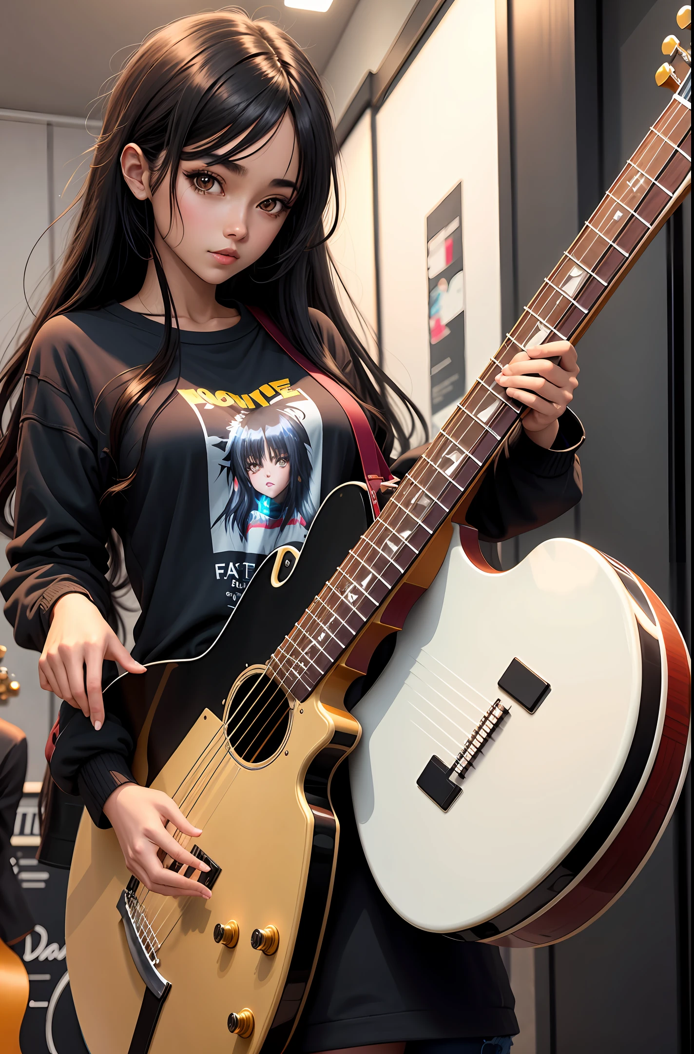 anime,long messy dark hair,dark eyes,brown skin,anime,woman,guitar