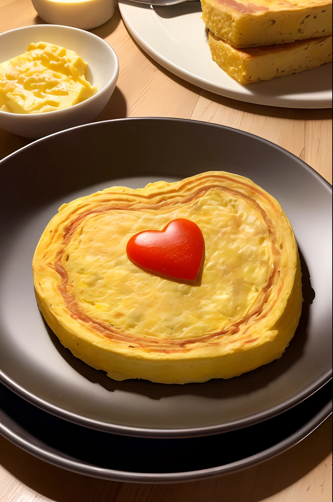 (8k, highest quality, masterpiece: 1.2), (photorealistic: 1.37), super detail, omelet molded in the shape of a heart, omelet heart, fresh ketchup, salad, living room, bright lighting, room full of light, soft light, full lighting, spotlight,
