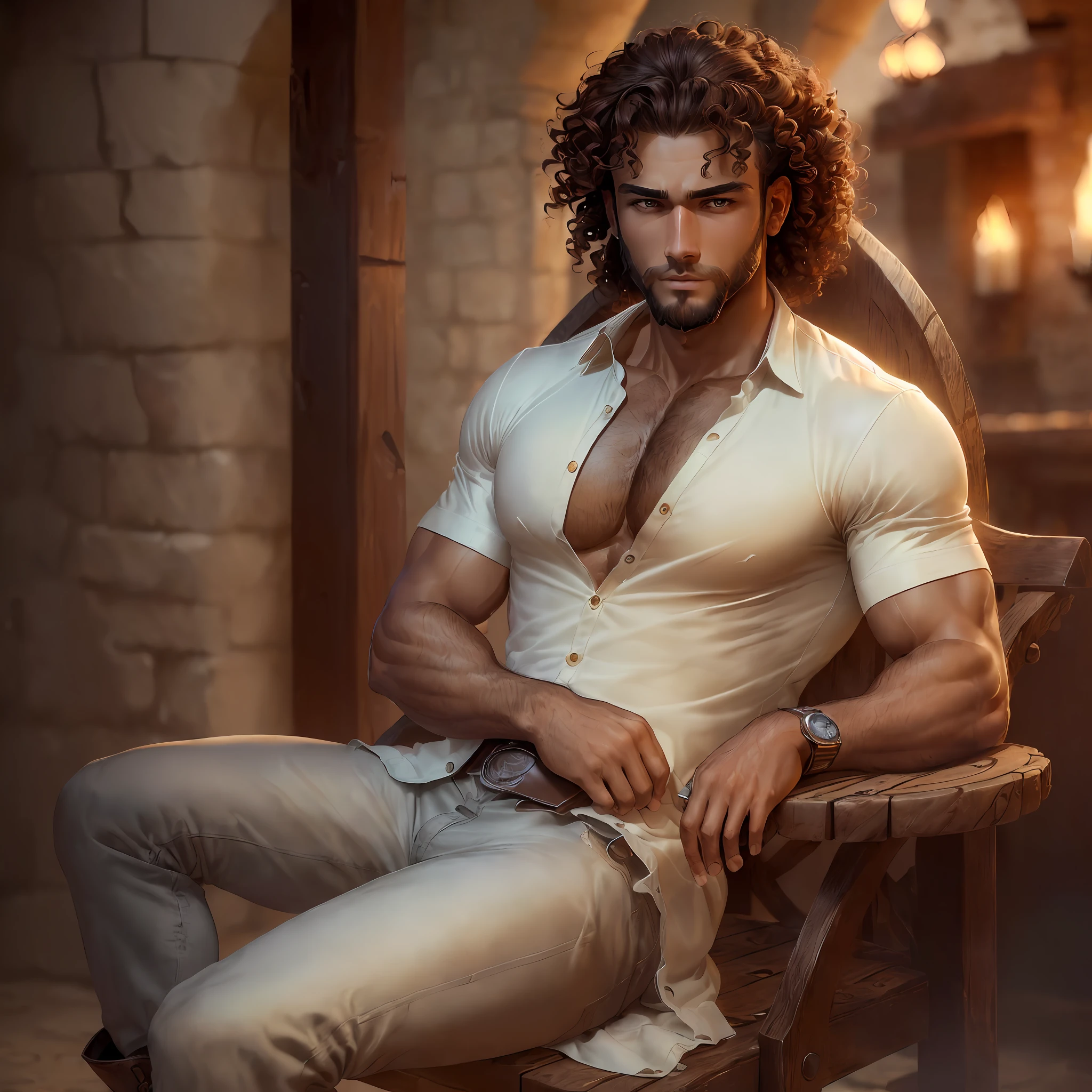 ((ultra detail, high resolution, ultra detailed, best quality, amazing, top quality, extremely detailed CG 8k wallpaper unit, cinematic lighting, semi-realistic)), ((medieval)), middle ages, dark ages, ((solo)), ((man, awesome man, athletic man, tanned man)), ((full body, impressive body, male body, defined body, athletic body)), upright posture, ((dark brown hair, curly hair, hair falling into the forehead)), ((detailed eyes, deep eyes, intense eyes, amber eyes, bright eyes)), ((trimmed beard, lightly trimmed beard)), ((calloused hands, bruised hands)), ((casual dress, elegant dress, casual but elegant dress, comfortable clothes, comfortable but elegant clothes, closed shirts, button-down shirts, closed button-down shirts, jeans, sturdy boots)), ((tanned skin)), ((solo))