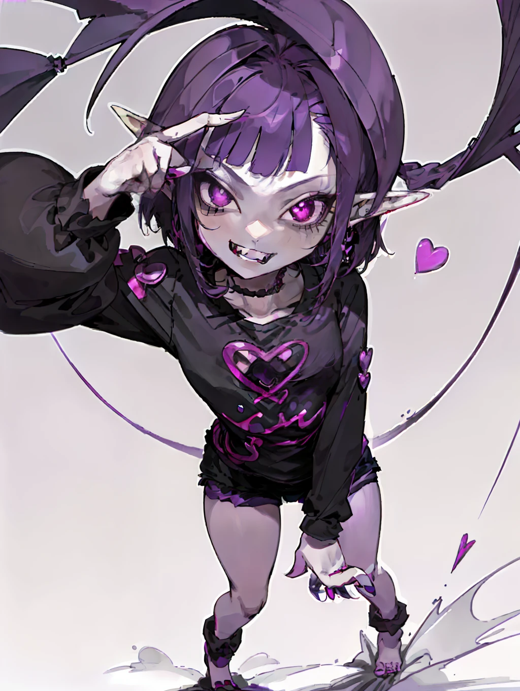 ((masterpiece,best quality)),1girl, , solo,elf ears, heart shaped earrings, heart shaped pupils, short hair, ((purple hair)), a pink streak on the bangs, ((a gap between the teeth)), Long black t shirt, long sleeves,
shorts with chain, full body,((fangs))
