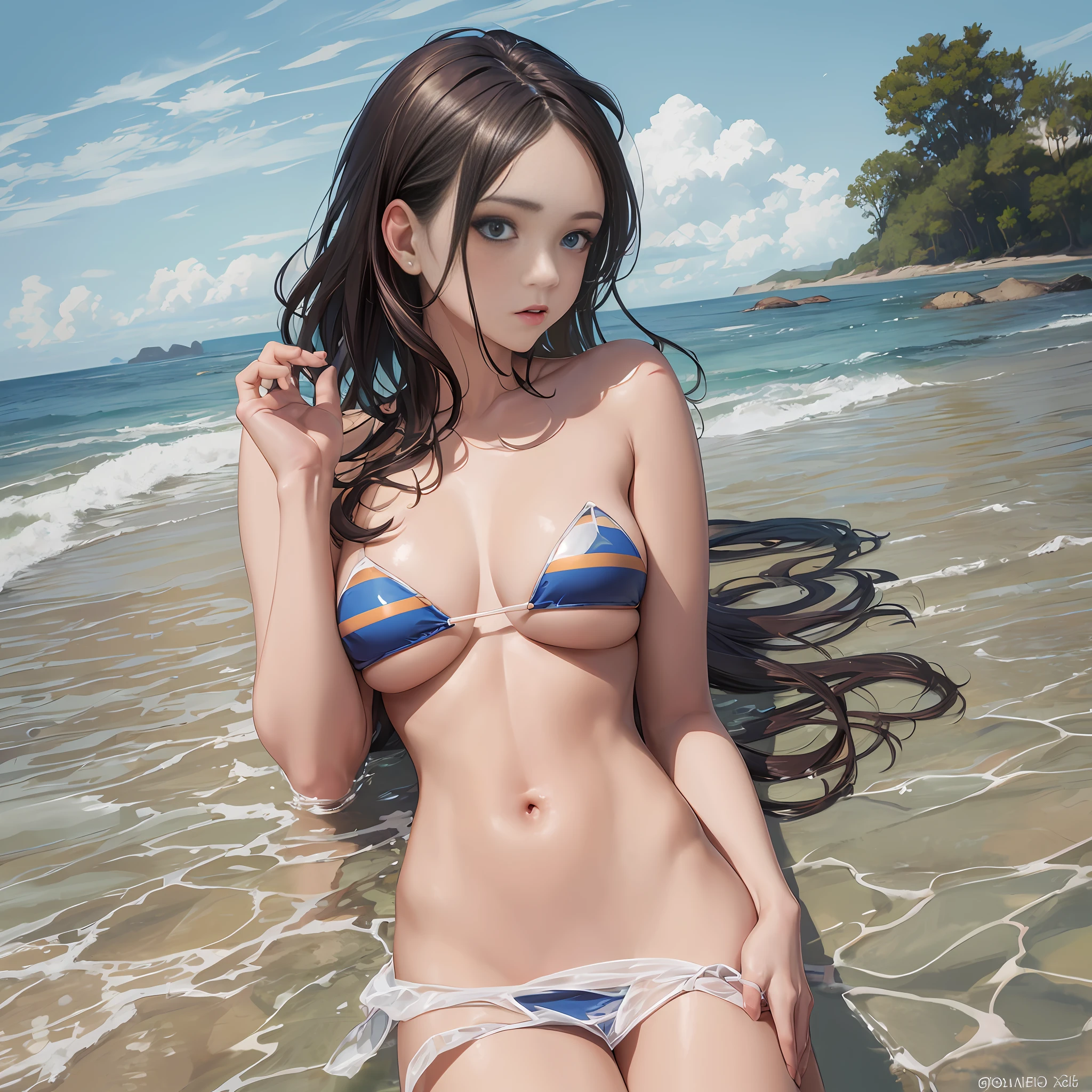 masterpiece,Best quality,1 girl,Solo,Watch Viewer,Heterochromia,(Nude:1.2),Swimsuit,((Tube top bikini)),((Protruding breasts)),(((Spread your legs)) --auto --s2