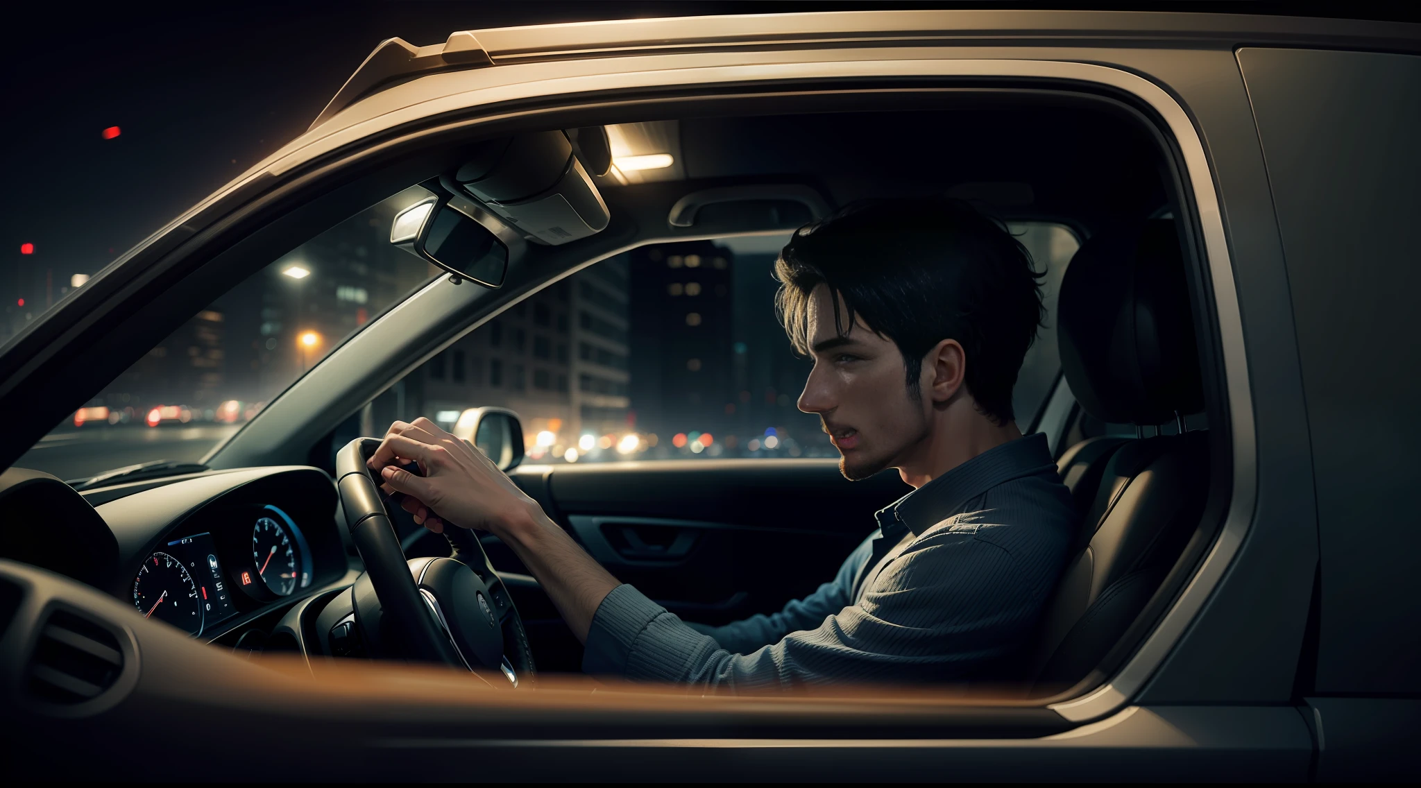 Man looking out the car window on a dark night