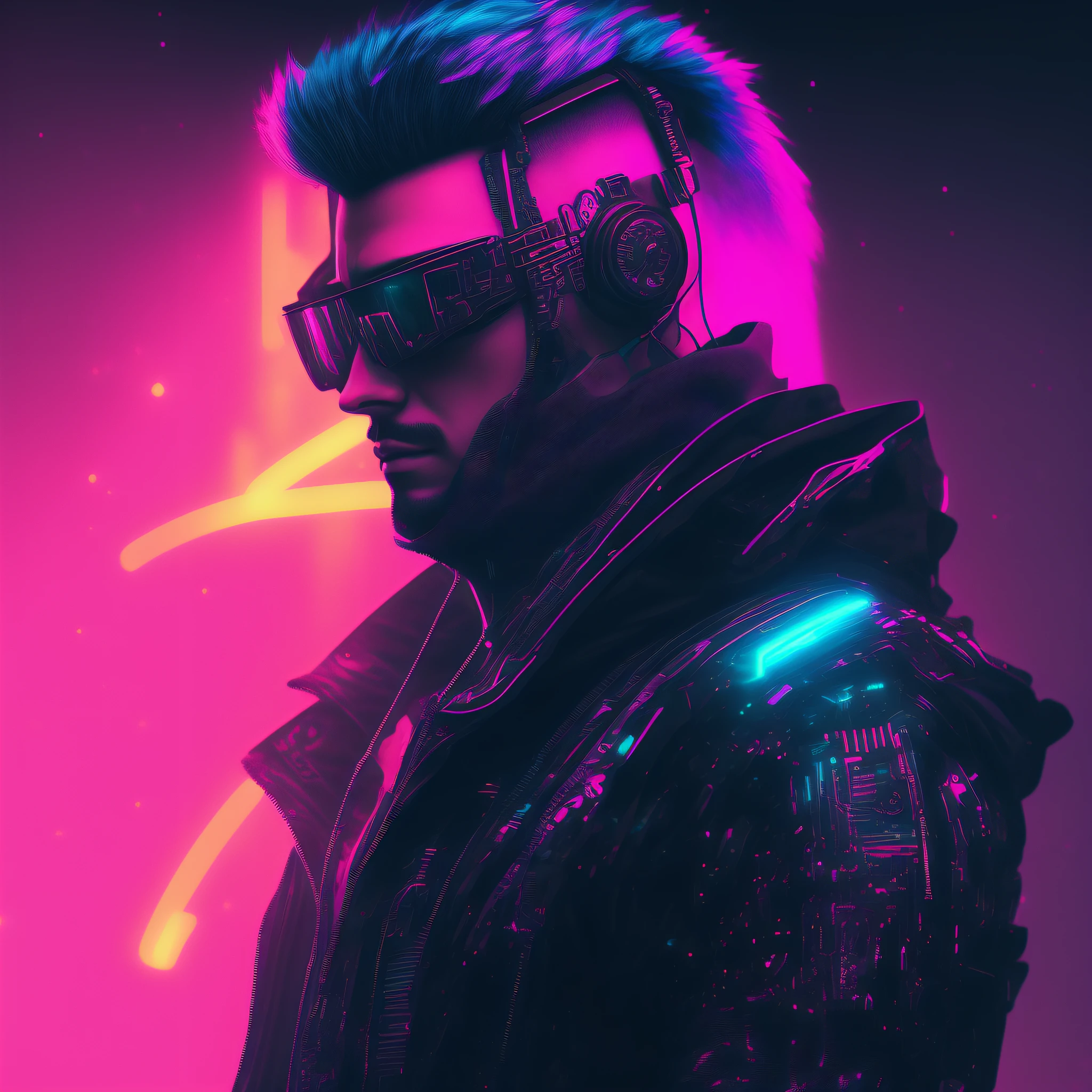 Man, cyberpunk style portrait, futuristic (neon: 1.1) reflective wear, science fiction. artgern, art, illustration, ((dark environment)), ((vegnette)), ((HDR)) ((minimal palette colors)), soft tones, soft colors, faint colors, calm, highly detailed pastel colors, intricate details