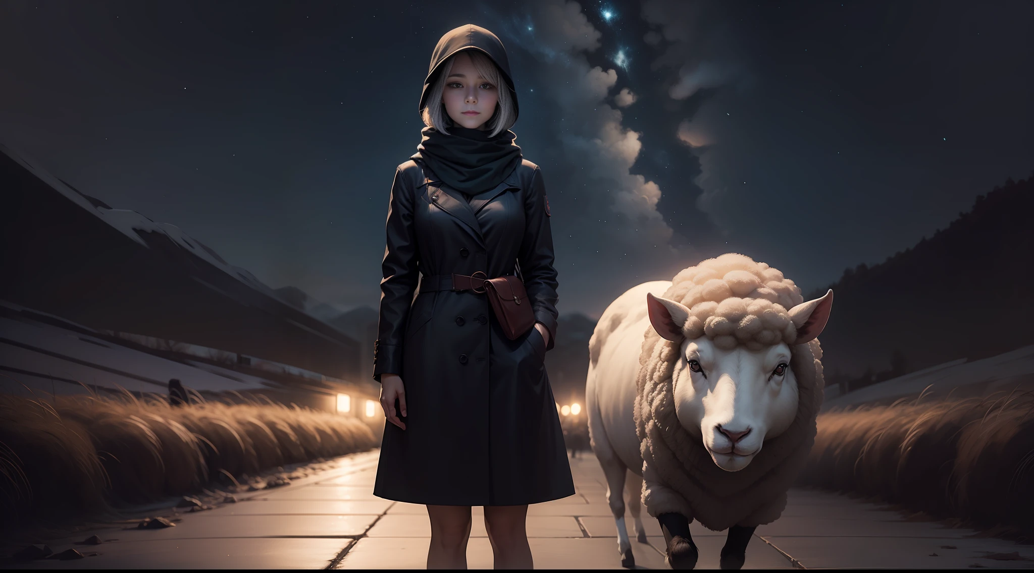 Woman standing staring with a sheepish smile on a dark night alone