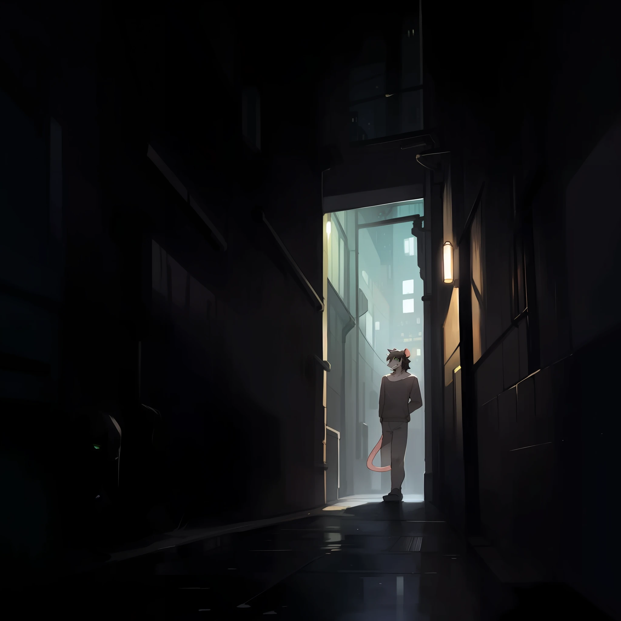 Solo, male, rat, messy, messy hair, black hair, grey fur, grey skin, green eyes, detailed eyes, weak, smug expression, smirking, by bebebebebe, alleyway , night