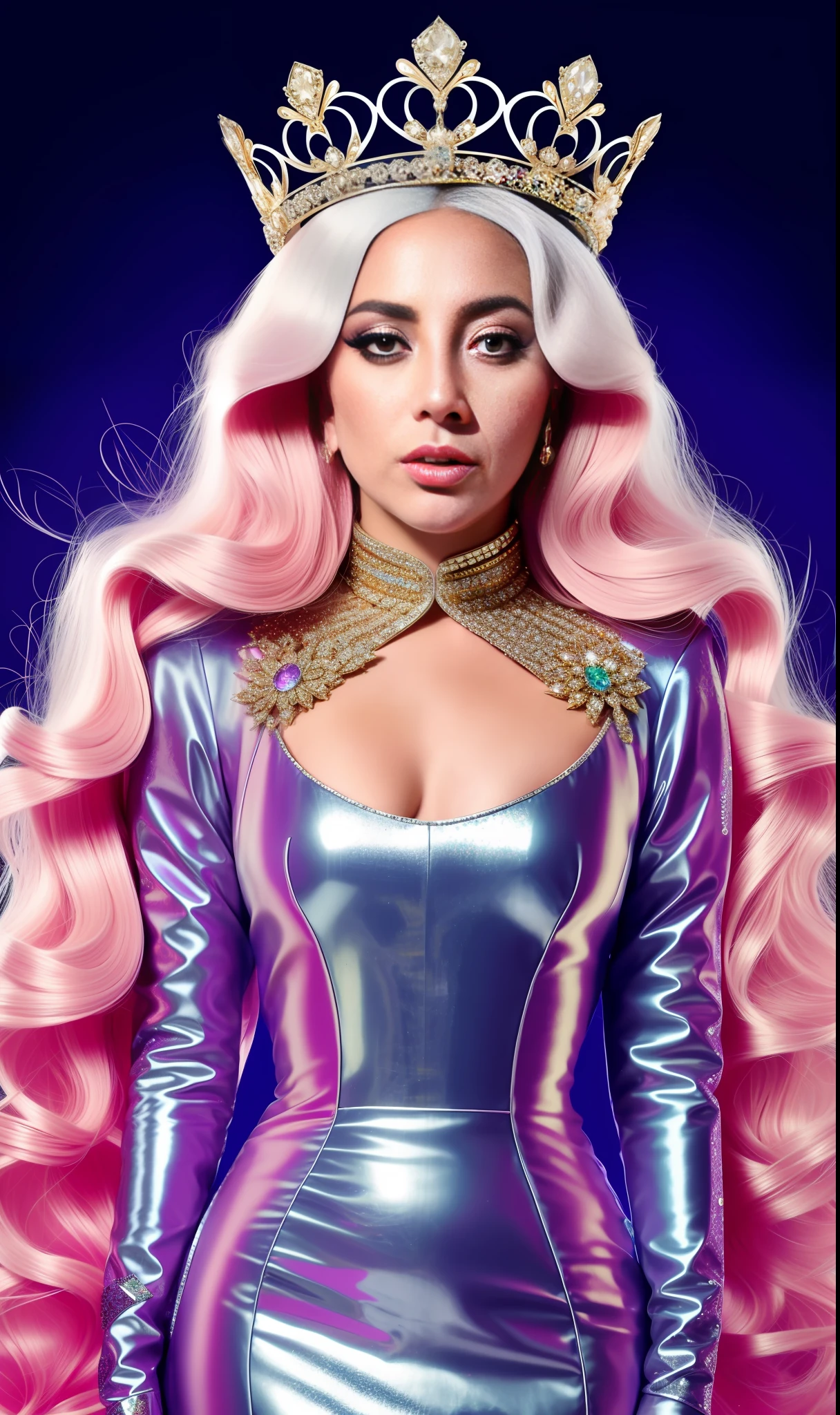 Photo of lady gaga queen with small crown,with futuristic dress, 4K texture, long hair, high quality, extravagant hairstyle, original album cover, colorful dress with diamonds, 8k image, futuristic, high image quality, at night, hair accessories, 8k image, realistic face in high quality, full body, different body poses