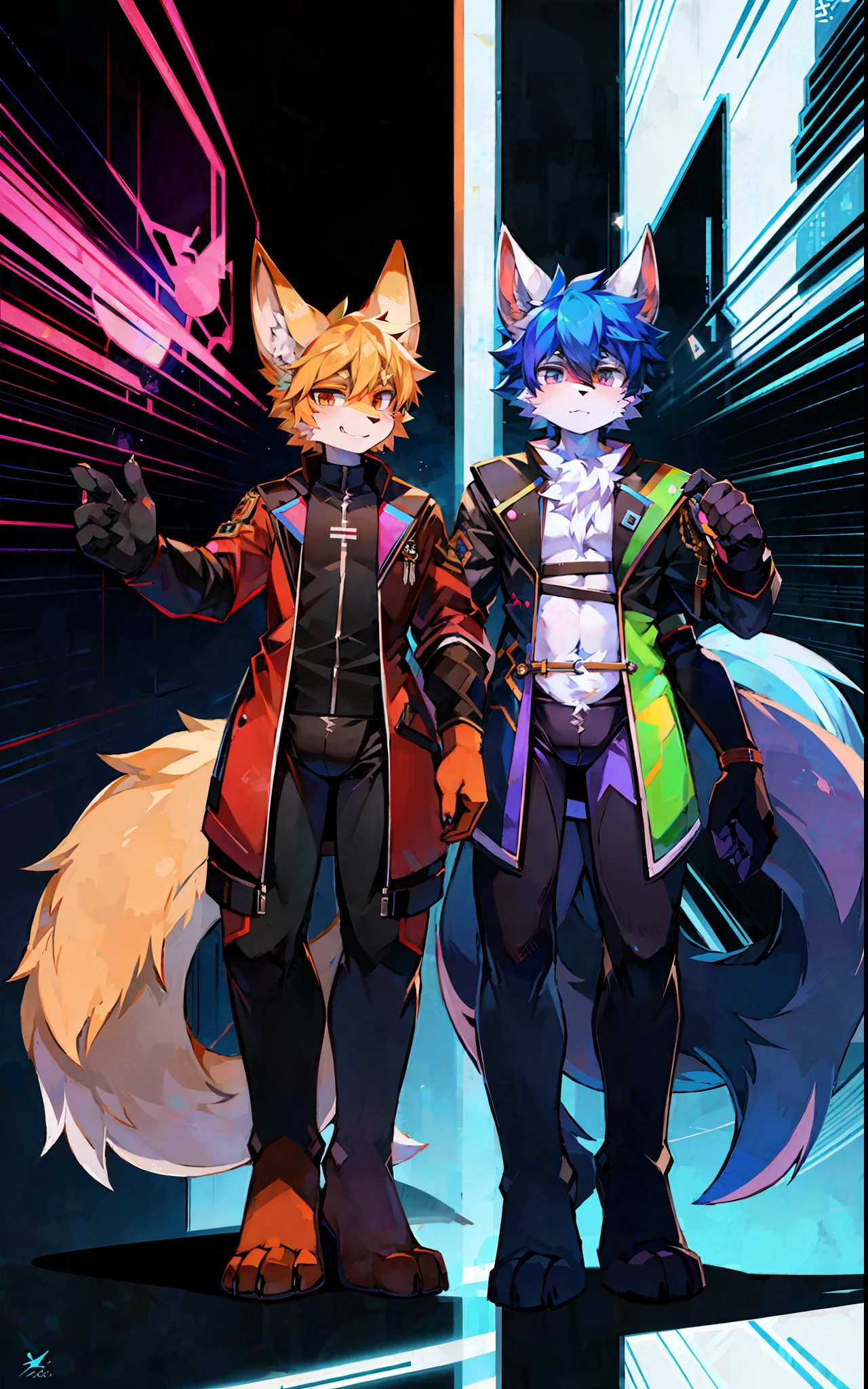 glitchcore, oc design, original character, male, androgenous, unique design, unique hair, fullbody, back and front view, comprehensive viewage, reference sheet, weirdcore, comic artstyle, manga artstyle, expirimental artstyle, modern clothes, scenecore aesthetic, action pose, kitsune anthro, regulus furry, tall