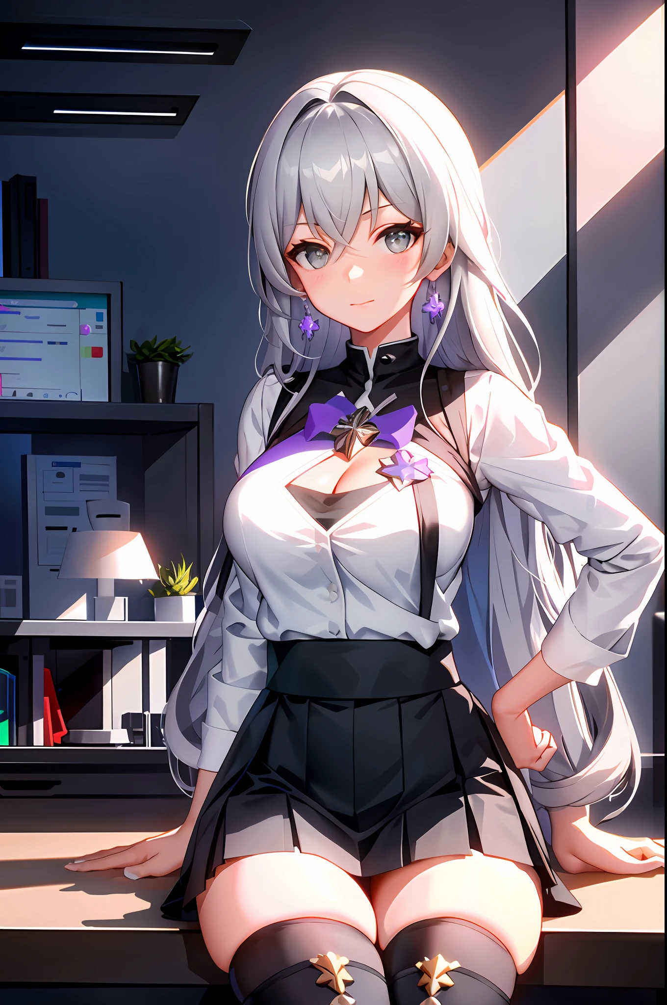 Bronya, 1girl, solo, ((white shirt)), black thighhighs, breasts, cleavage, uniform, office background, black skirt, pleated skirt, office, hair between eyes, purple earring, large breasts, long hair, looking at viewer, silver short nails, grey eyes, solo, thighhighs, thighs, very long hair, ((masterpiece)), sitting, chair, desk, computer on desk, name tag, id tag, indoor, blush, sexy pose, hands behind,