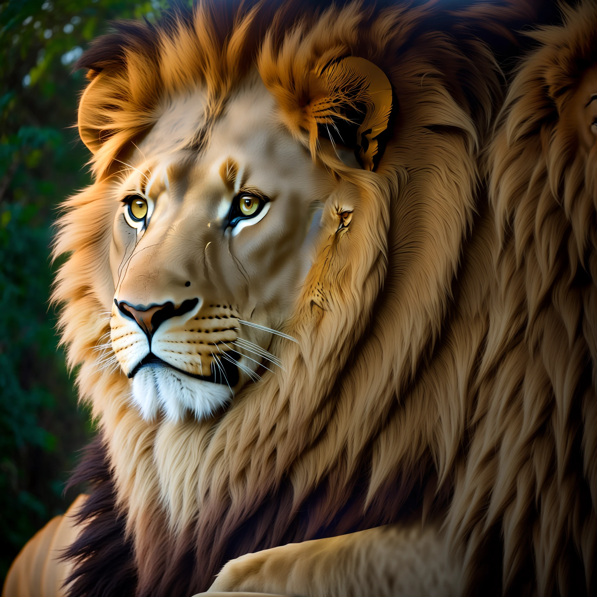 An imposing lion, realistic, in a savannah, special cinema lighting, FHD