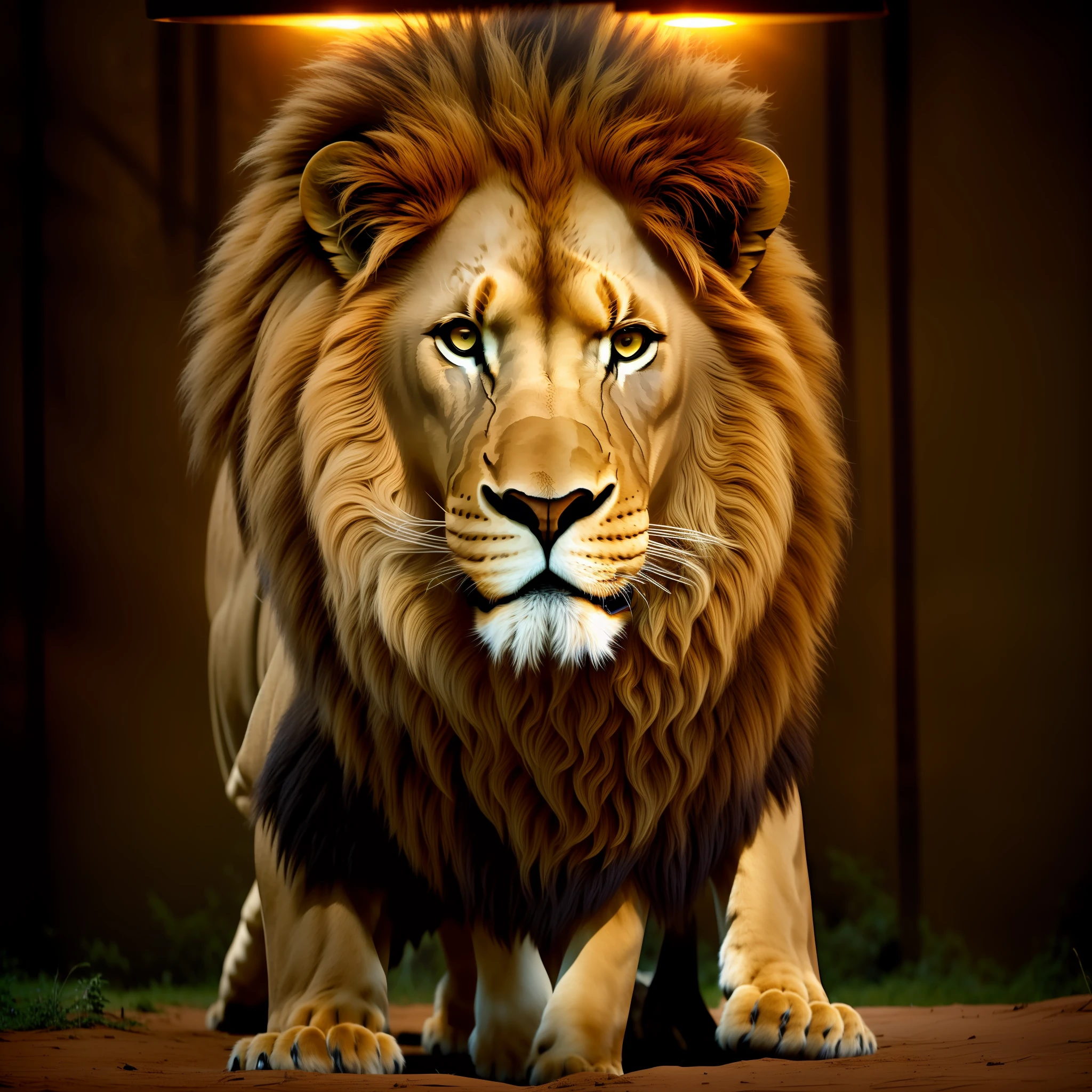 An imposing lion, realistic, in a savannah, special cinema lighting, FHD