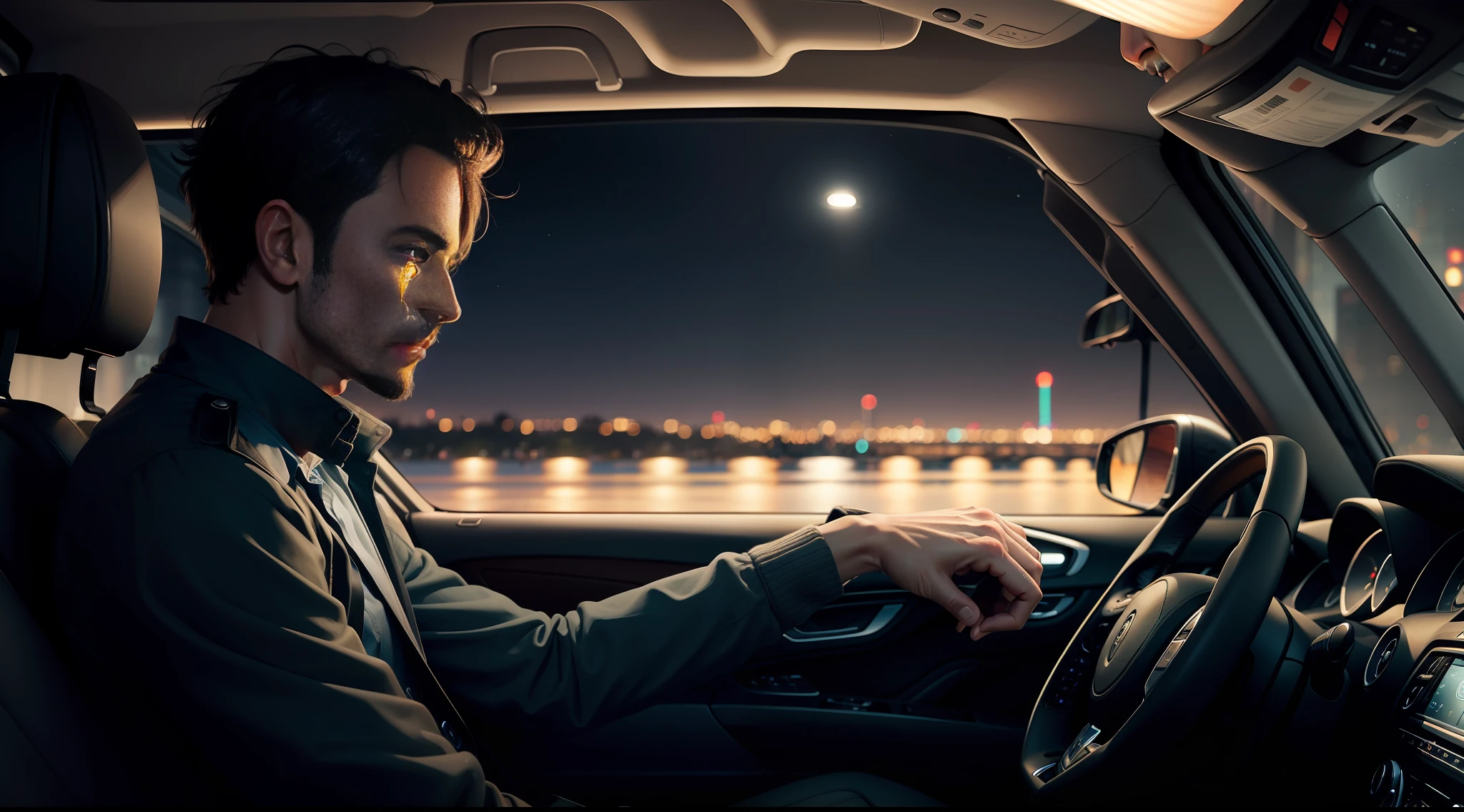 Man looking out the car window on a dark night