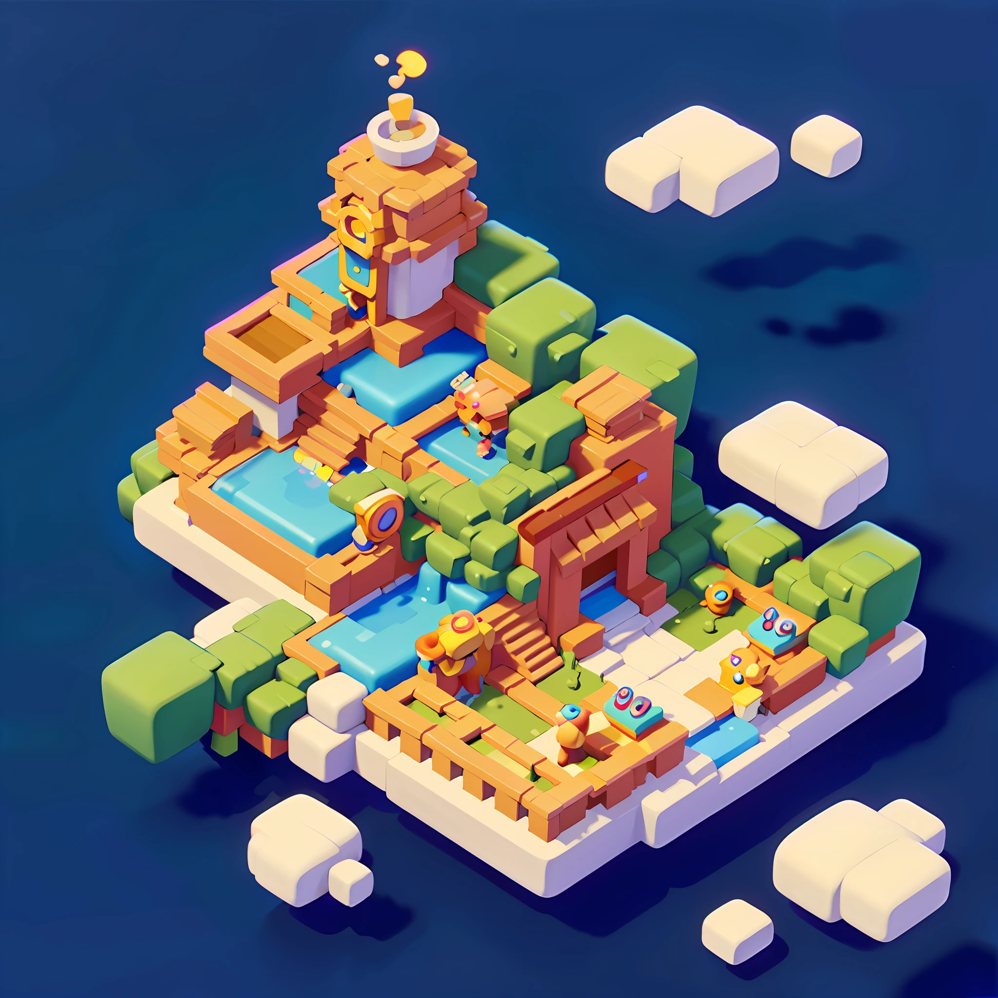 isometric chinese style architecture,water pool,