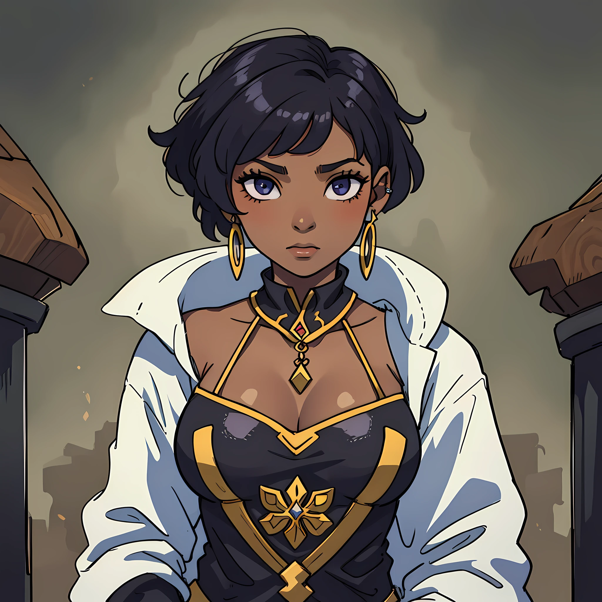 A black-skinned woman with short hair with several faint colors, her eyes are clear and wears a medieval warrior earring