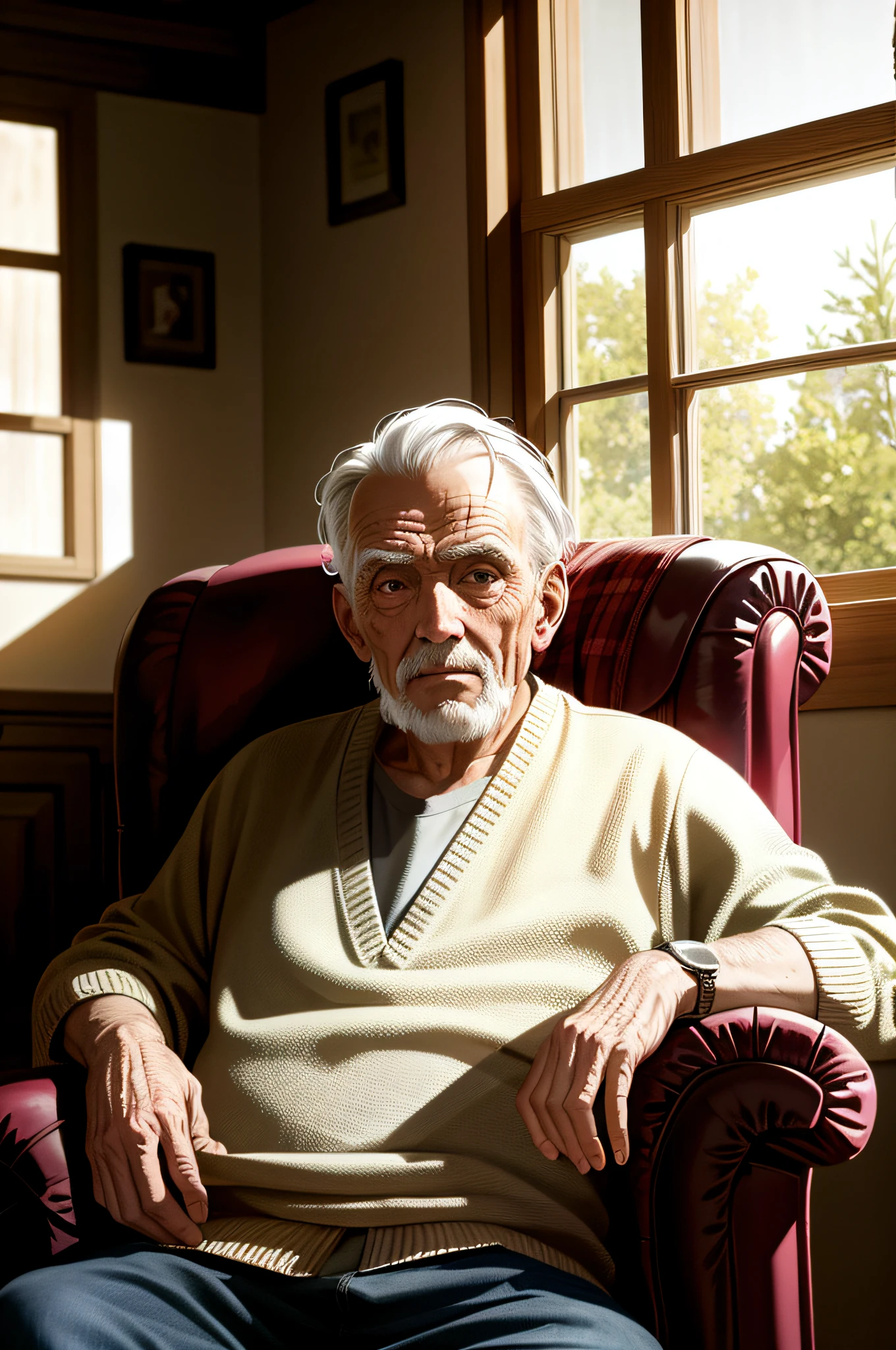 old weathered man, old house, sitting in comfy armchair, streak of sunlight hitting face, casual pose, aesthetic, intricate, caustics, light rays, sunlight