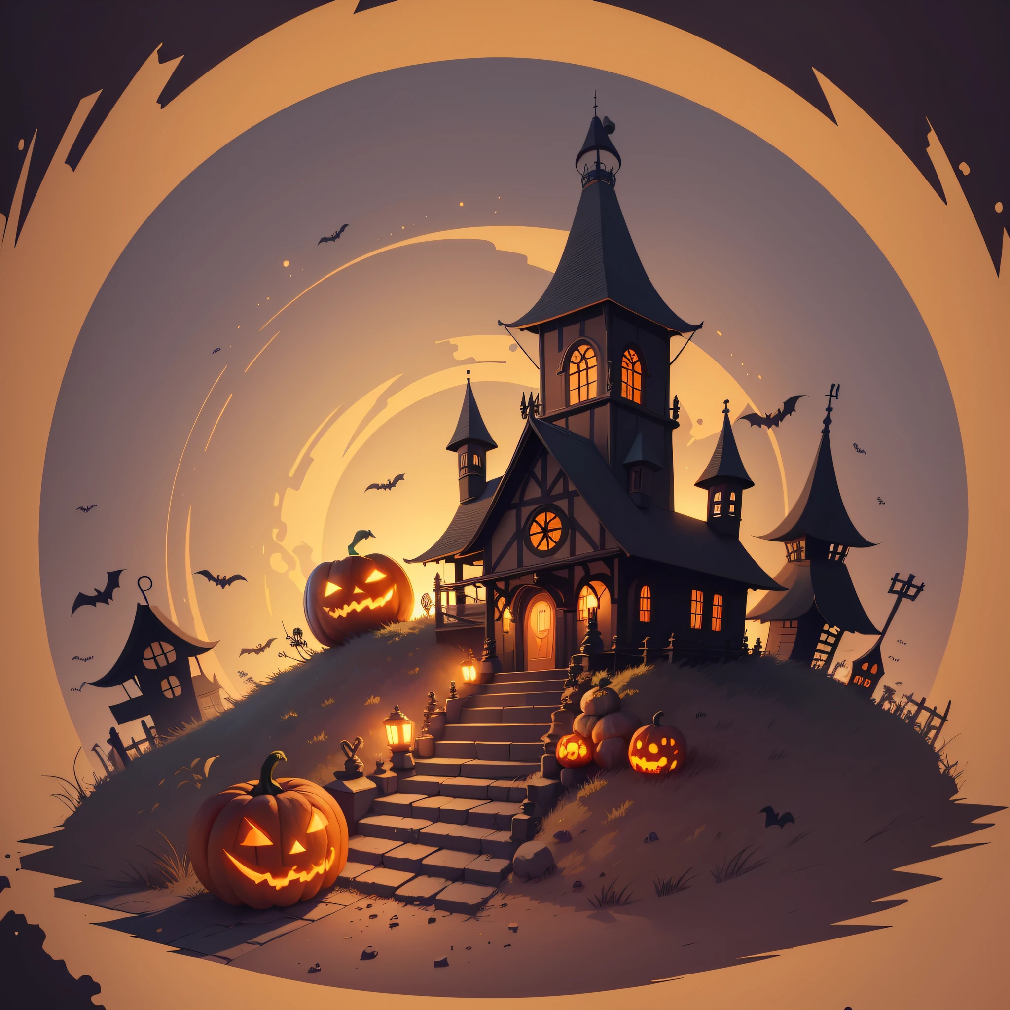 2d vector illustration, tshirt design for halloween, witch, pumpkins, ghosts, ((best quality, masterpiece: 1.3))