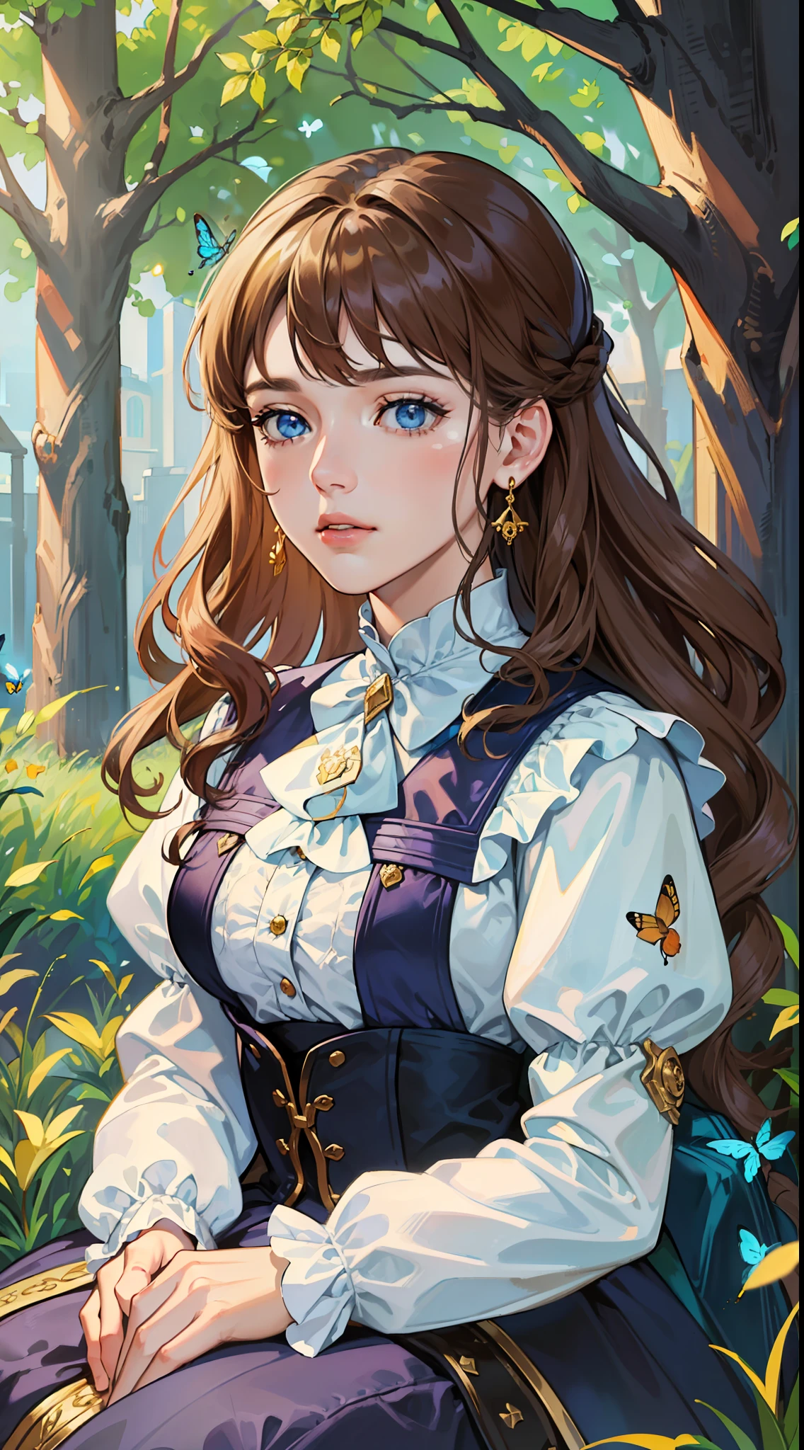 ((Superior quality, portraits, masterpieces, 8K wallpapers: 1.3)), girl with short wavy brown hair, blue eyes like diamonds, sitting under a tree, butterflies surrounding her, golden hour, perfect shadows and scolding through the trees. Covered dress, light blue Victorian with ruffles and jewelry.
