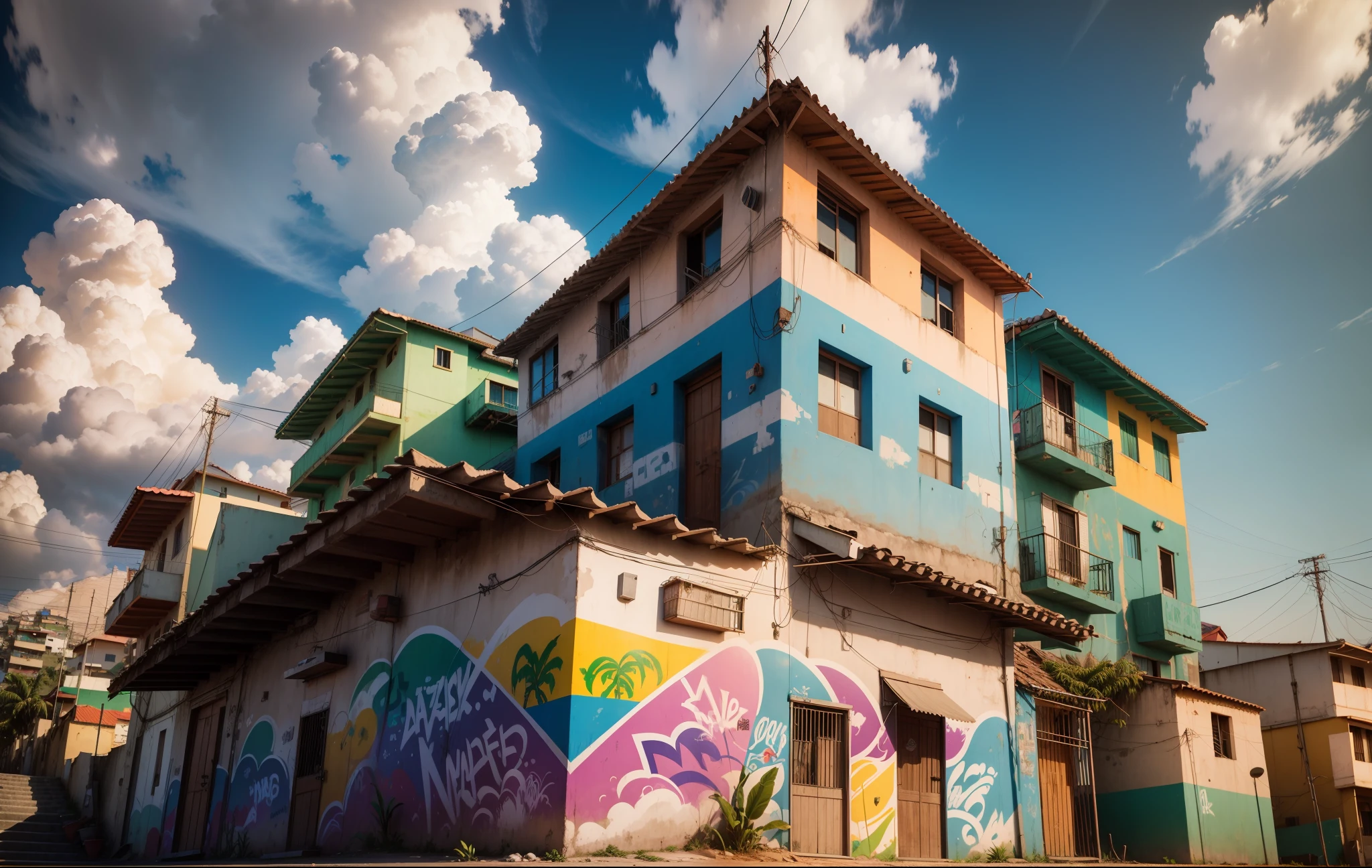 Masterpiece, best quality, toon, 3D, favela morro, low angle. Beautiful daytime sky, summer vibes, Brazil. Brazilianness. graffiti, art, nature, bars, grocery stores, fair