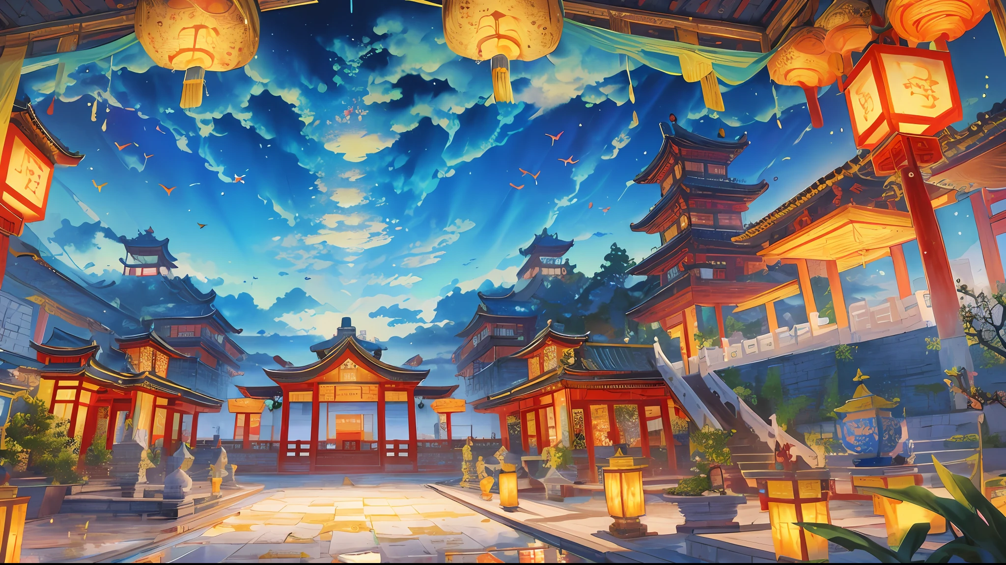 The game scene, the ancient Chinese palace is located above the clouds, Nantianmen, surrounded by clouds and mist, majestic, glazed tiles, Buddha statues, colorful rays of light, ((color ink)),((splash ink)),( (splash ink) ink) ink}) ), masterpiece, high quality, beautiful graphics, high detail --v 6