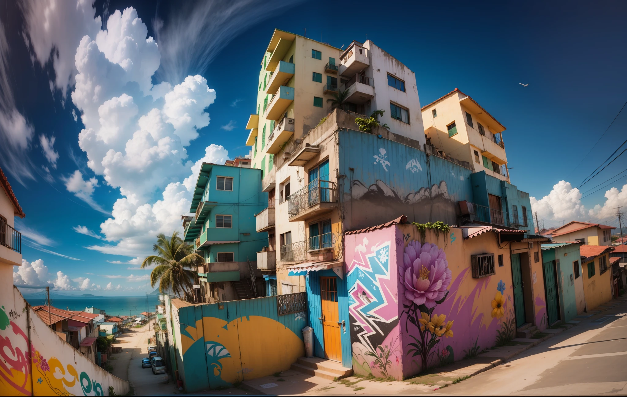 Masterpiece, best quality, toon, 3D, favela morro, low angle. Beautiful daytime sky, summer vibes, Brazil. Brazilianness. graffiti, art, nature