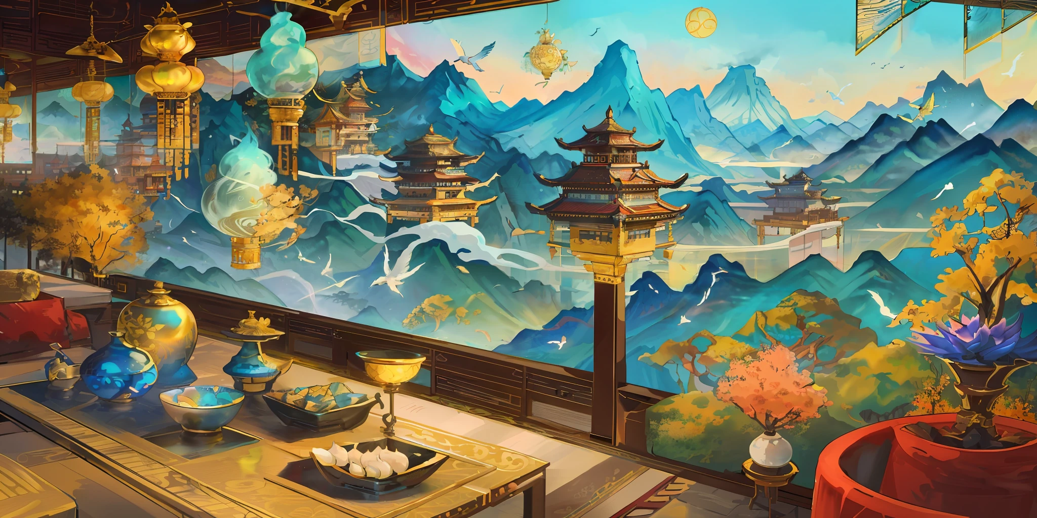 an image of an asian landscape with mountains and birds in the air, in the style of fantastical otherworldly visions, light cyan and gold, intricately mapped worlds, hyperrealistic illustrations, romanticized cityscapes, detailed character illustrations, organic shapes and curved lines, --v6