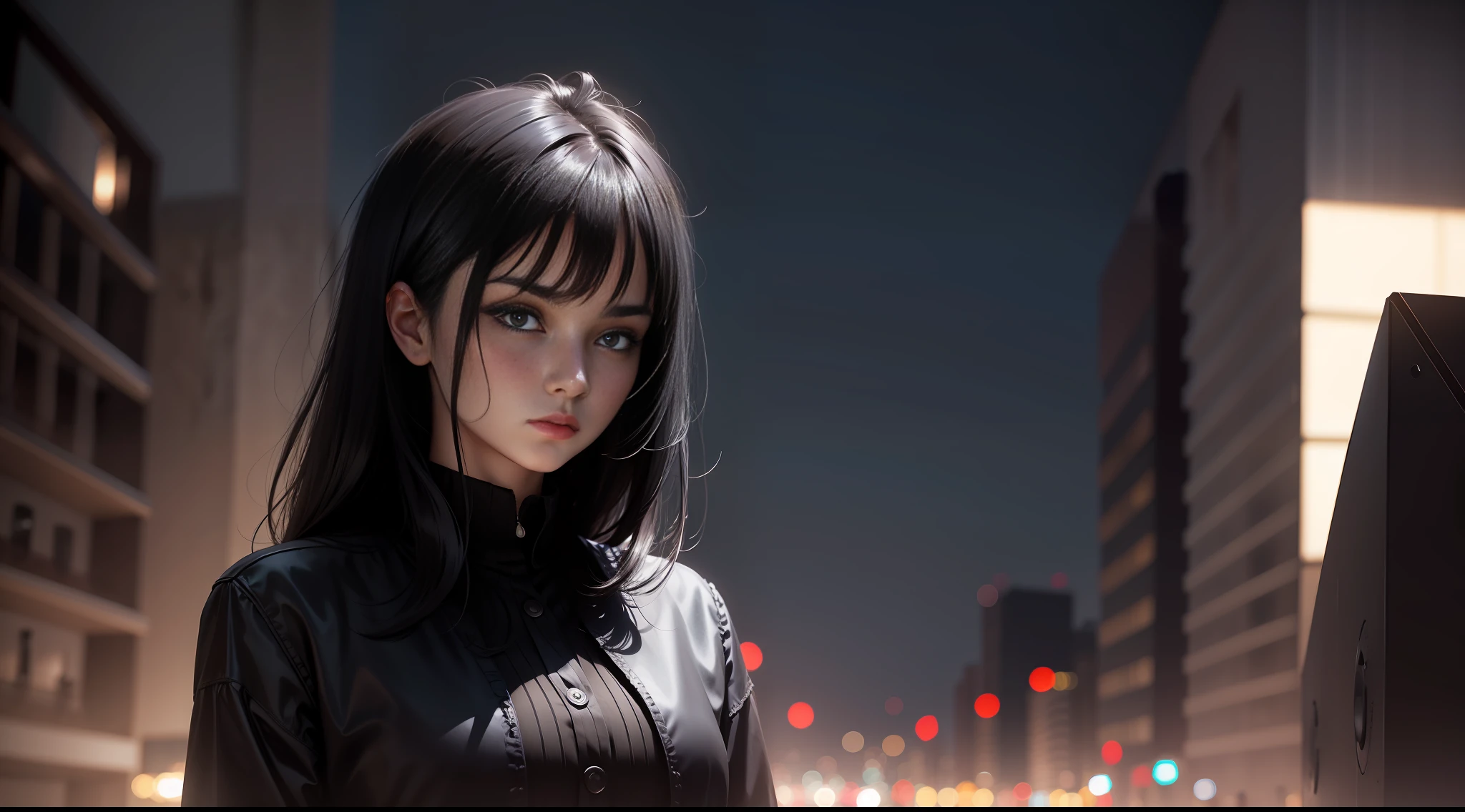 Black-haired woman standing looking at nothing is very dark for this night