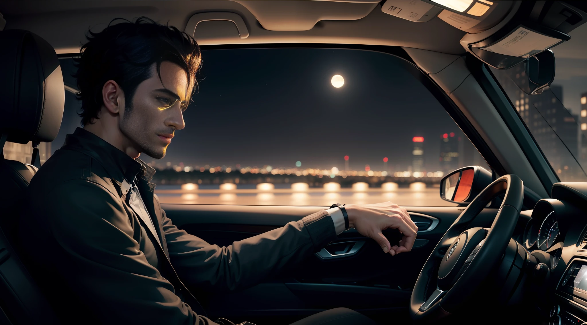 arafed man sitting in a car at night with city lights in the background, portrait shot, by Thomas Häfner, car commercial photograph, cover shot, bright ambient lighting, looking at the full moon, the moon cast on the man, moon lighting, by Matthias Weischer, handsome man, bright light masterpiece, perfect cinematic light, moon behind him