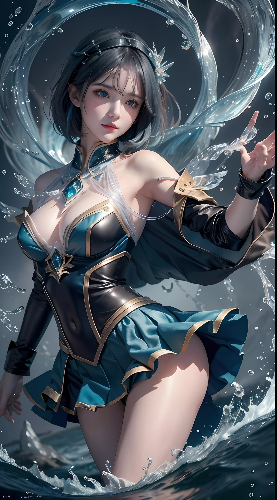 (masterpiece, top quality, best, official art, beautiful and aesthetic, long exposure: 1.2), smooth movement, attractive pattern, one girl, adult russian woman, freckles, jade eyes, black lob hair, portrait, solo, upper body, staring observer, detailed background, detailed face, (crystallineAI, crystal theme: 1.1), elemental water sprite, spinning water, water controlling, fantasy magician clothes, dynamic pose, floating particles, ether dynamics, water, steam, background sea, blue tones, coast, fantastic atmosphere, mini skirt. Blue hair. short hair