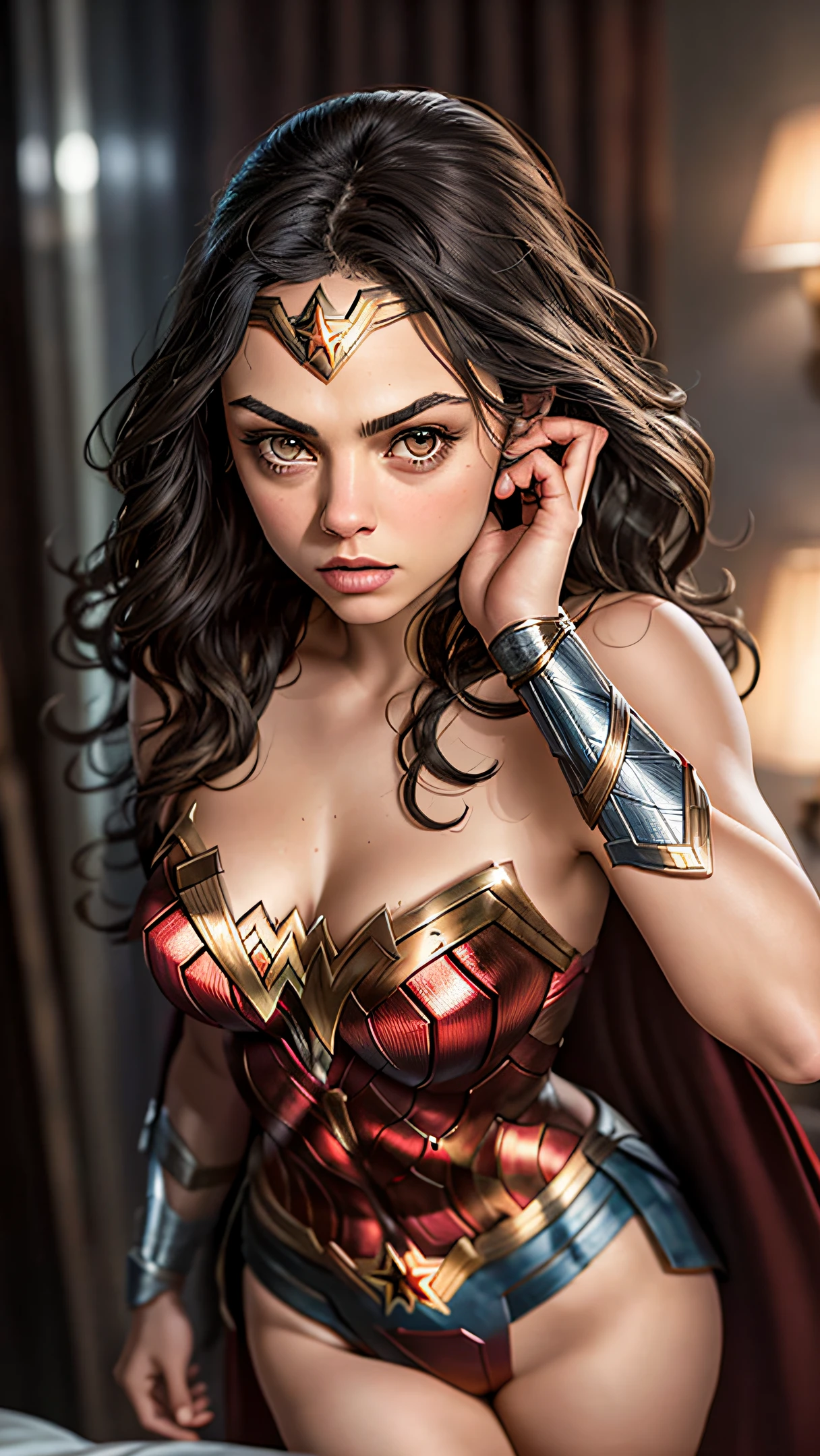 Mila kunis, on all fours, sexy, wet, drops dripping from her crotch, wonder woman