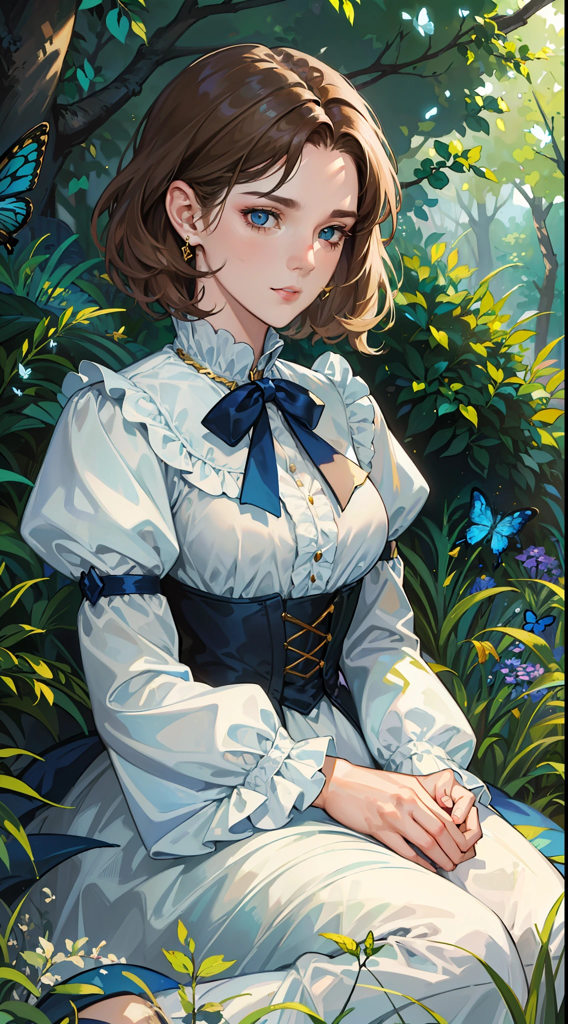 ((Superior quality, portraits, masterpieces, 8K wallpapers: 1.3)), girl with short wavy brown hair (((SHORT HAIR))), blue eyes like diamonds, sitting under a tree, butterflies surrounding her, golden hour, perfect shadows and scolding through the trees. Covered dress, light blue Victorian with ruffles and jewelry.