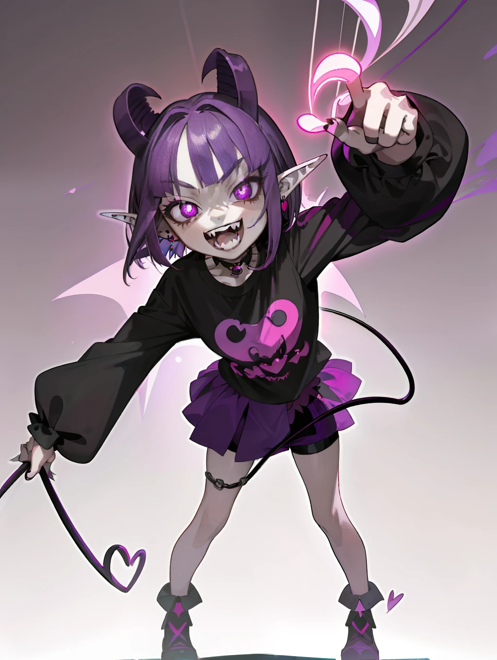 ((masterpiece,best quality)),1girl, li, solo,elf ears, heart shaped earrings, heart shaped pupils, short hair, ((purple hair)), a pink streak on the bangs, ((a gap between the teeth)), Long black t shirt, long sleeves, 
shorts with chain, full body,((fangs))