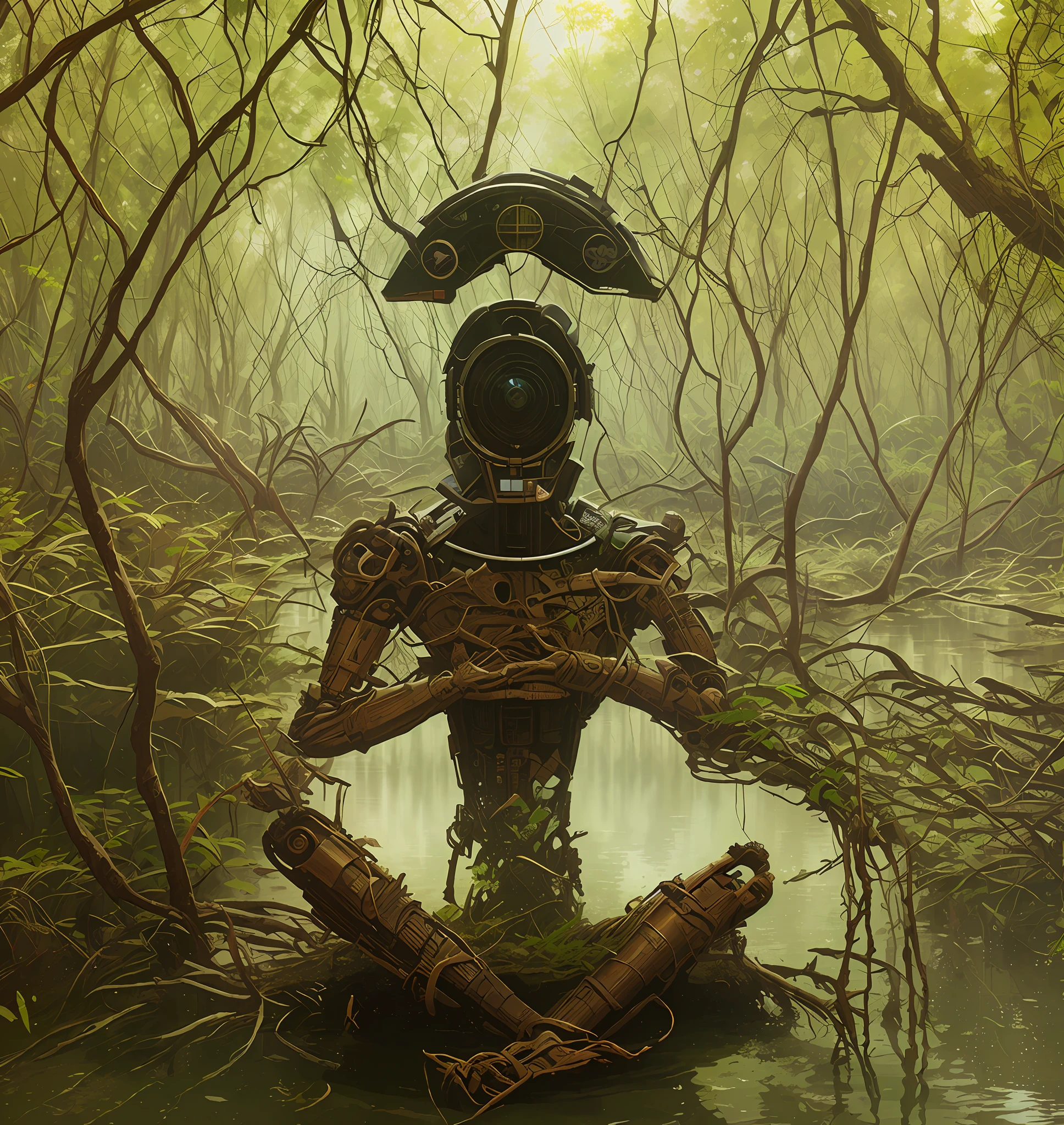 There's a rusty android sitting in the mangrove swamp, a cyborg meditating, cybernetic body, neosurrealism. digital art.
