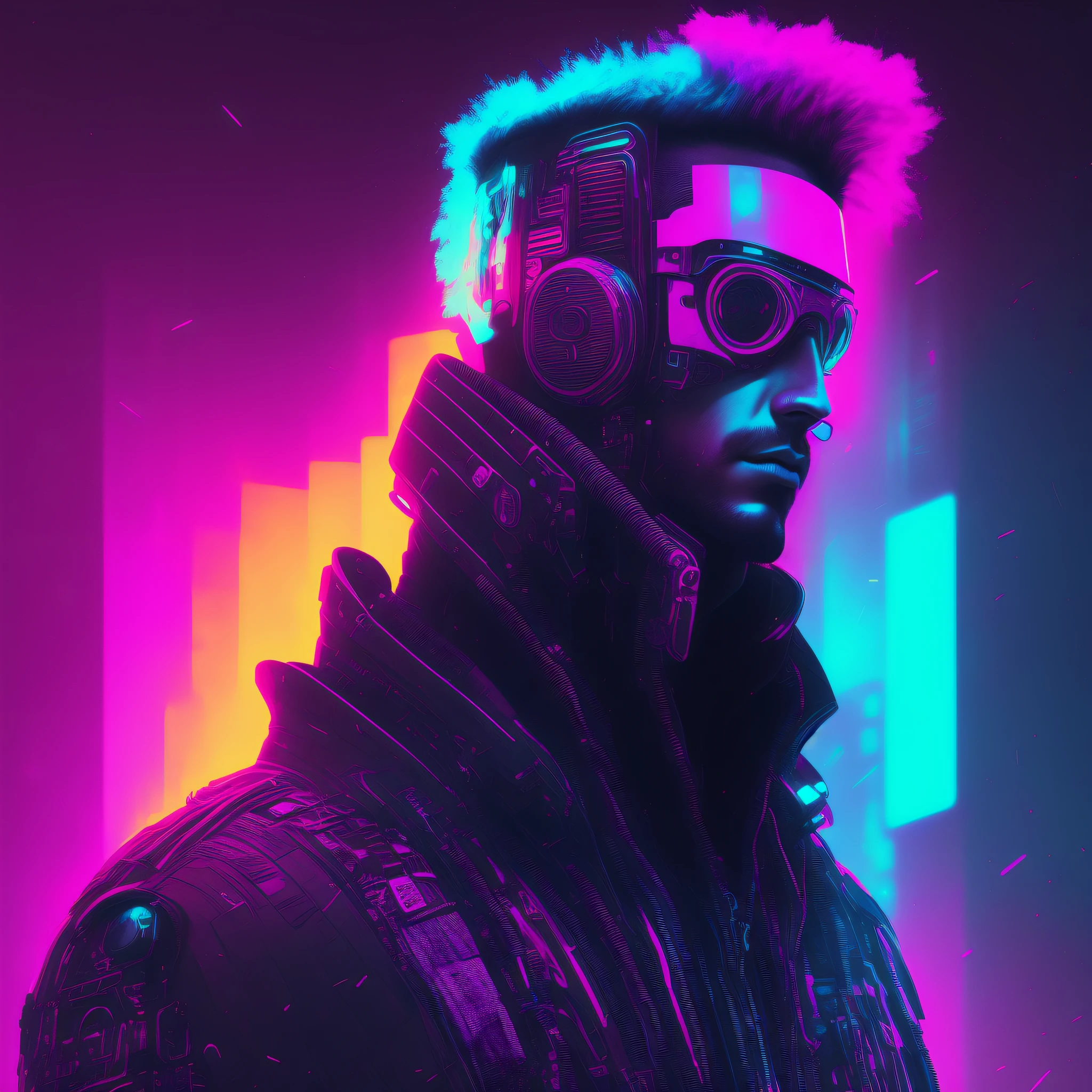 Man, cyberpunk style portrait, futuristic (neon: 1.1) reflective wear, science fiction. artgern, art, illustration, ((dark environment)), ((vegnette)), ((HDR)) ((minimal palette colors)), soft tones, soft colors, faint colors, calm, highly detailed pastel colors, intricate details