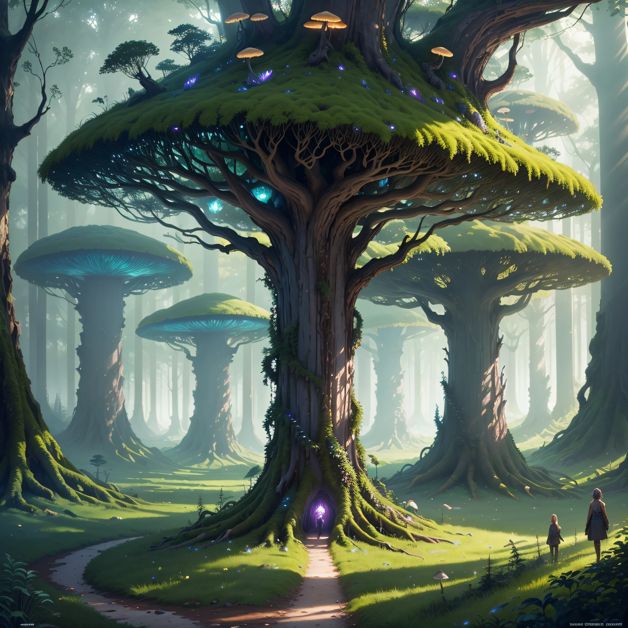 "Lost Forest": A dense, enchanted forest filled with ancient trees, glowing mushrooms, and mysterious creatures that lead wanderers into unexpected adventures, Surrealism, color field printing, high detail, UHD, 8k, anatomically correct, cinematic lighting 4d quality --auto --s2
