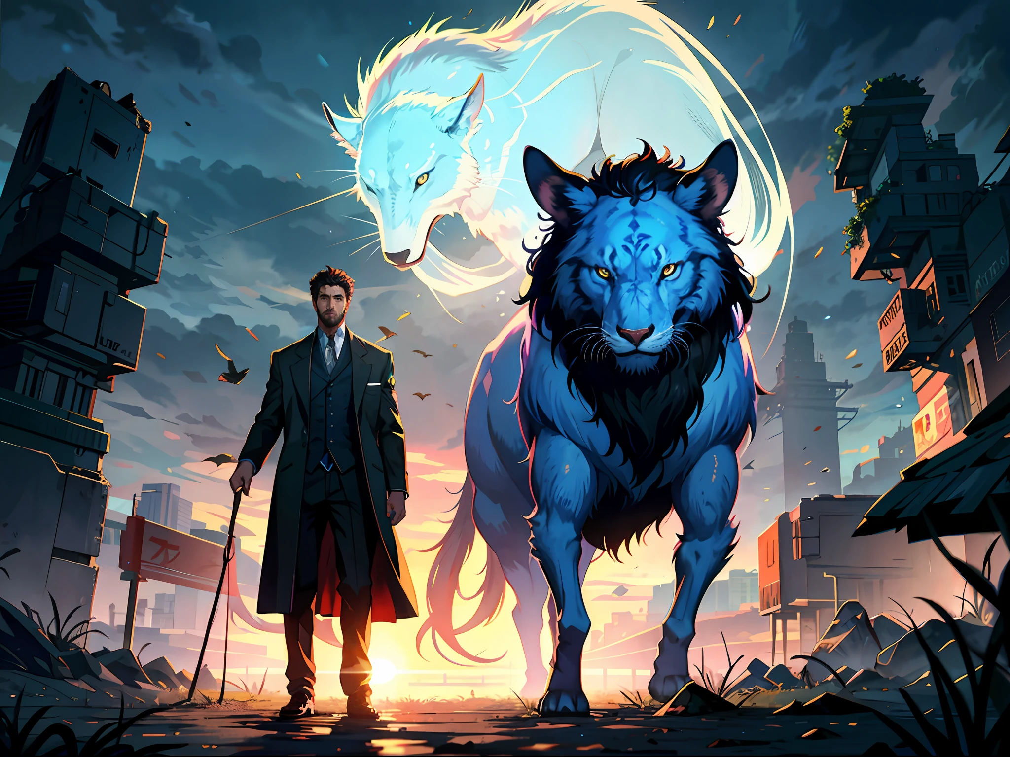 HD clear, best images, illustration quality, super detailed, a handsome standing in the wild with two translucent beast ghosts behind it