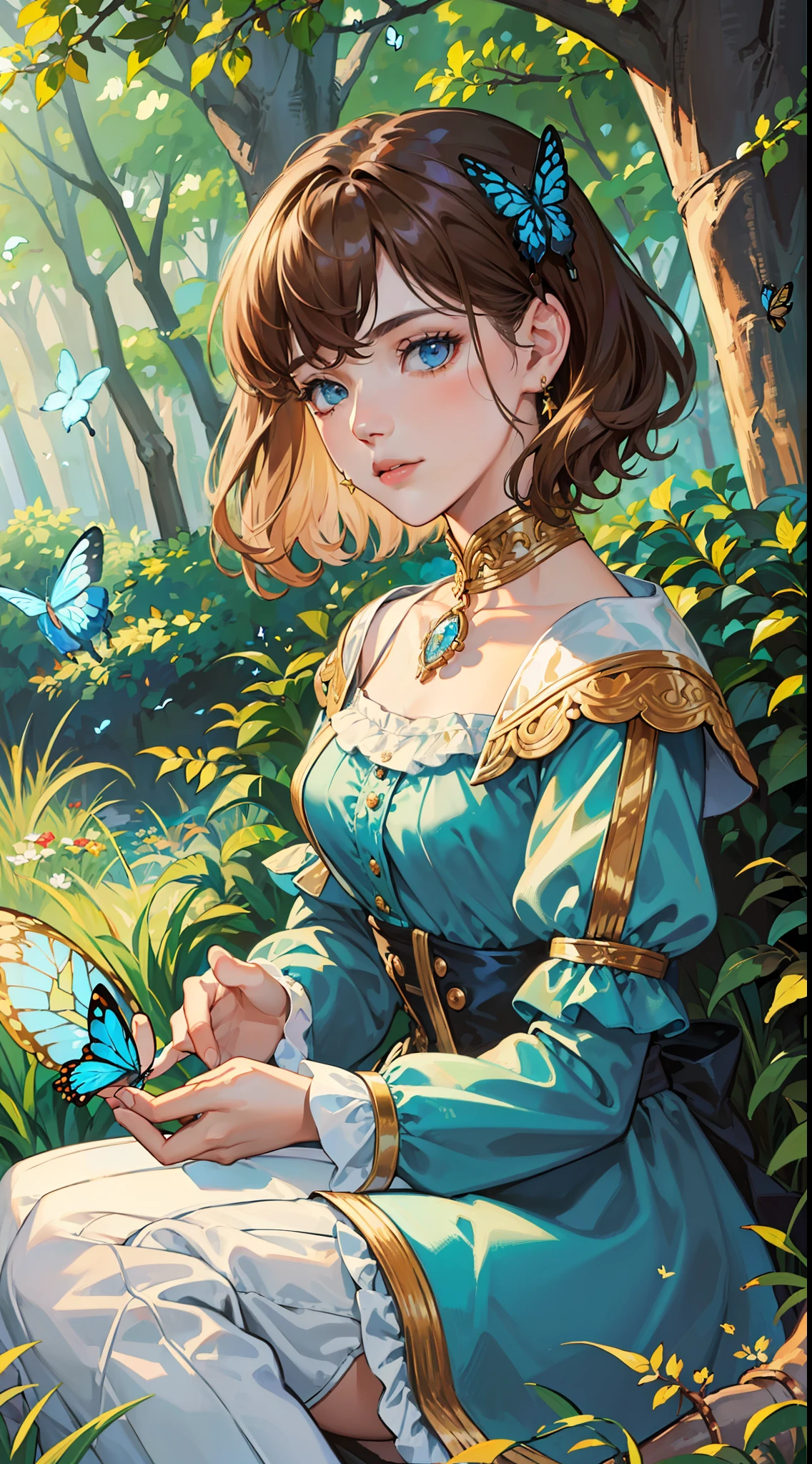 ((Superior quality, portraits, masterpieces, 8K wallpapers: 1.3)), girl with short wavy brown hair (((SHORT HAIR))), blue eyes like diamonds, sitting under a tree, butterflies surrounding her, golden hour, perfect shadows and scolding through the trees. Covered dress, light blue Victorian with ruffles and jewelry.