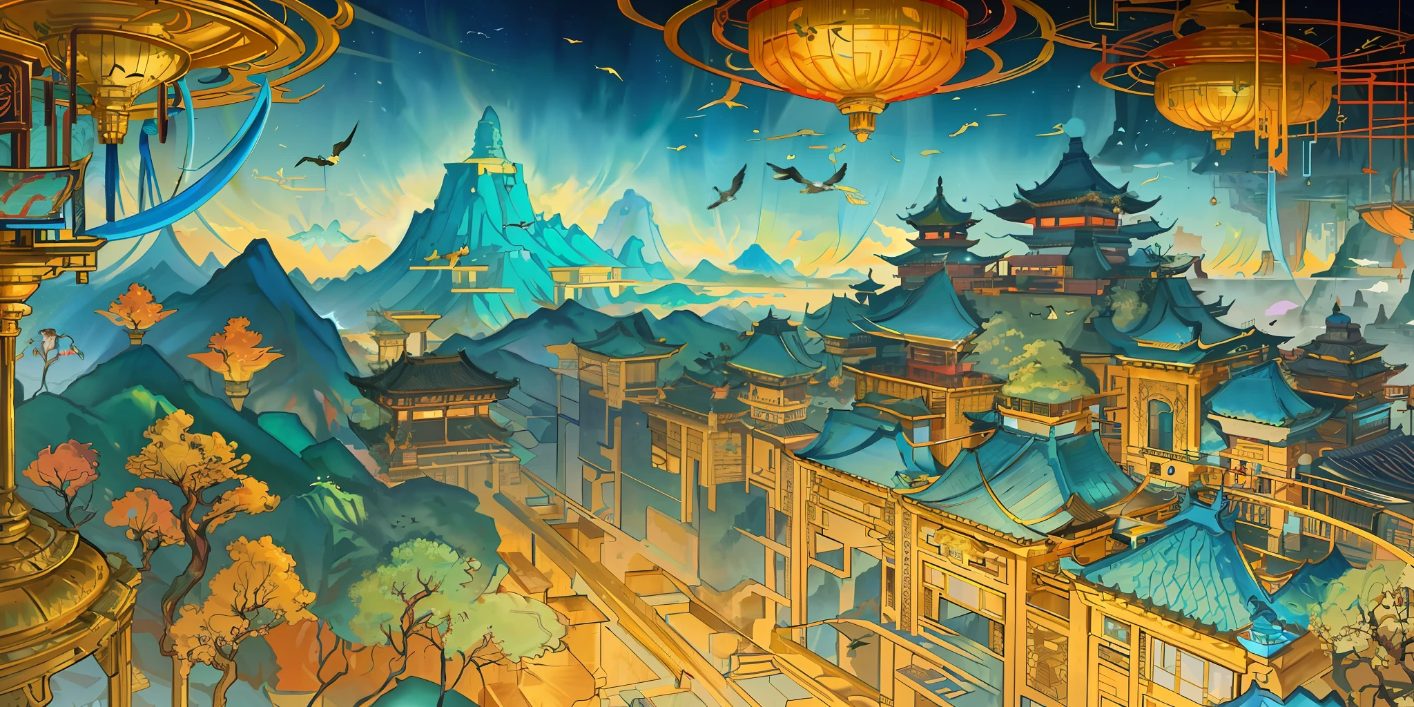 an image of an asian landscape with mountains and birds in the air, in the style of fantastical otherworldly visions, light cyan and gold, intricately mapped worlds, hyperrealistic illustrations, romanticized cityscapes, detailed character illustrations, organic shapes and curved lines, --v6