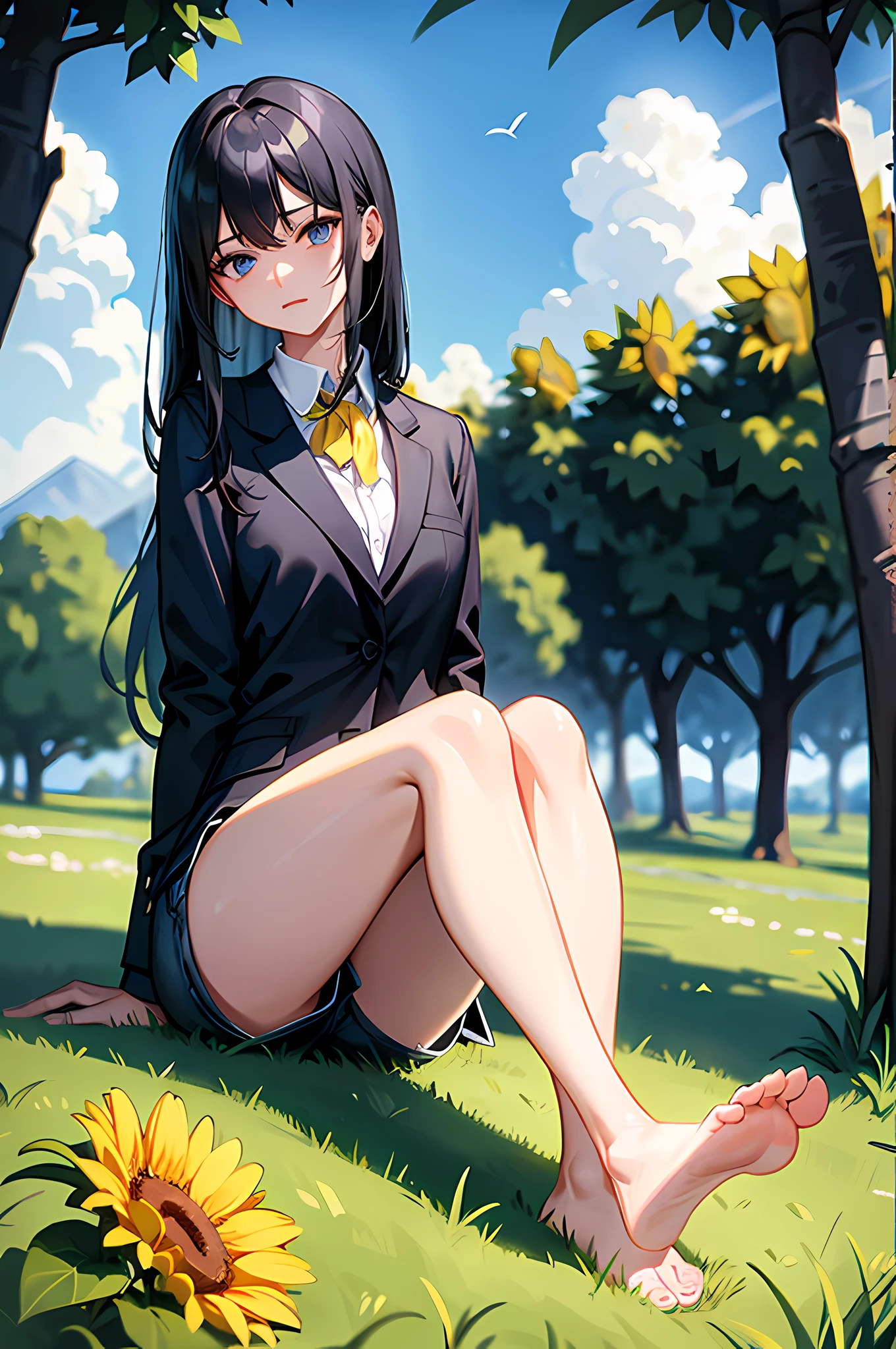 1girl, against_tree, animal, bangs, bare_legs, barefoot, bird, black_hair, blue_eyes, blue_neckwear, blue_sky, branch, breasts, bug, bush, butterfly, cloud, cloudy_sky, collared_shirt, dandelion, day, falling_leaves, feet, flower, forest, garden, grass, jacket, leaf, leaves_in_wind, legs, long_hair, long_sleeves, looking_at_viewer, medium_breasts, nature, on_grass, on_ground, outdoors, palm_tree, plant, potted_plant, shirt, shorts, sitting, sky, soles, solo, sunflower, thighs, toenail_polish, toenails, toes, tree, tree_shade, under_tree, white_shirt, yellow_flower