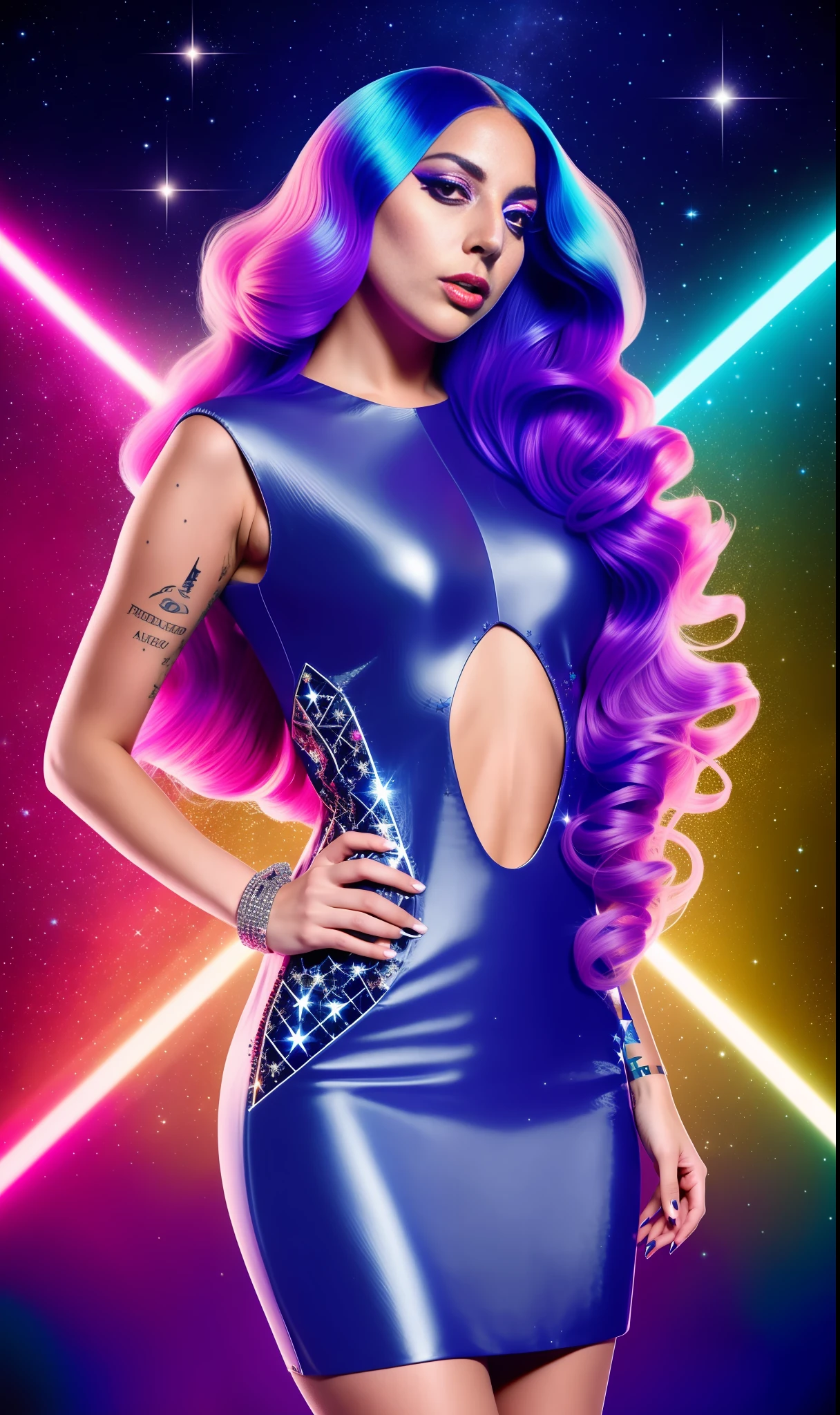Lady Gaga Photo with Futuristic Star Print Dress, 4K Texture, Long Hair, High Quality, Extravagant Hairstyle, Original Album Cover, Colorful Diamond Dress, 8k Image, Futuristic, High Image Quality, At Night, Hair Accessories, 8k Image, Realistic Face in High Quality, Full Body, Different Body Poses