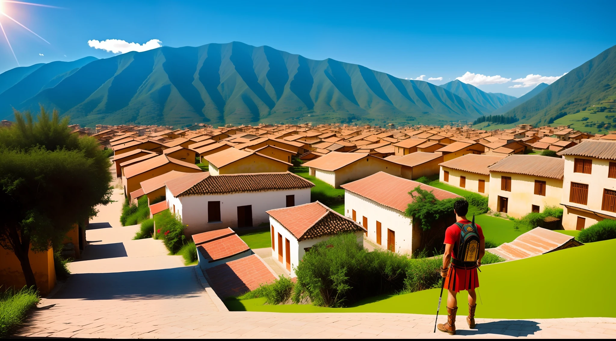 A picturesque town where the sun kisses every roof and happiness fills the air. with a brlo warrior man