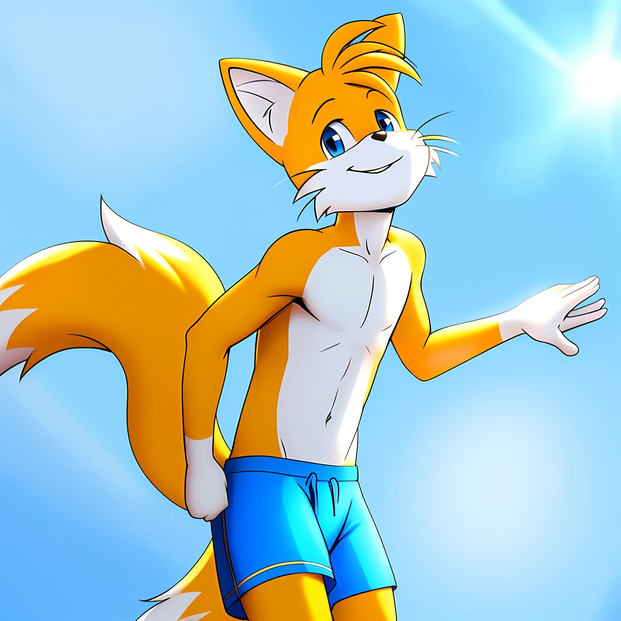 masterpiece, Miles Tails Prower shirtless and wearing a blue running shorts, solo, no group, no double, smiling, great lighting, soft light, no logo mark, no field, no extra limbs, 2.5D
