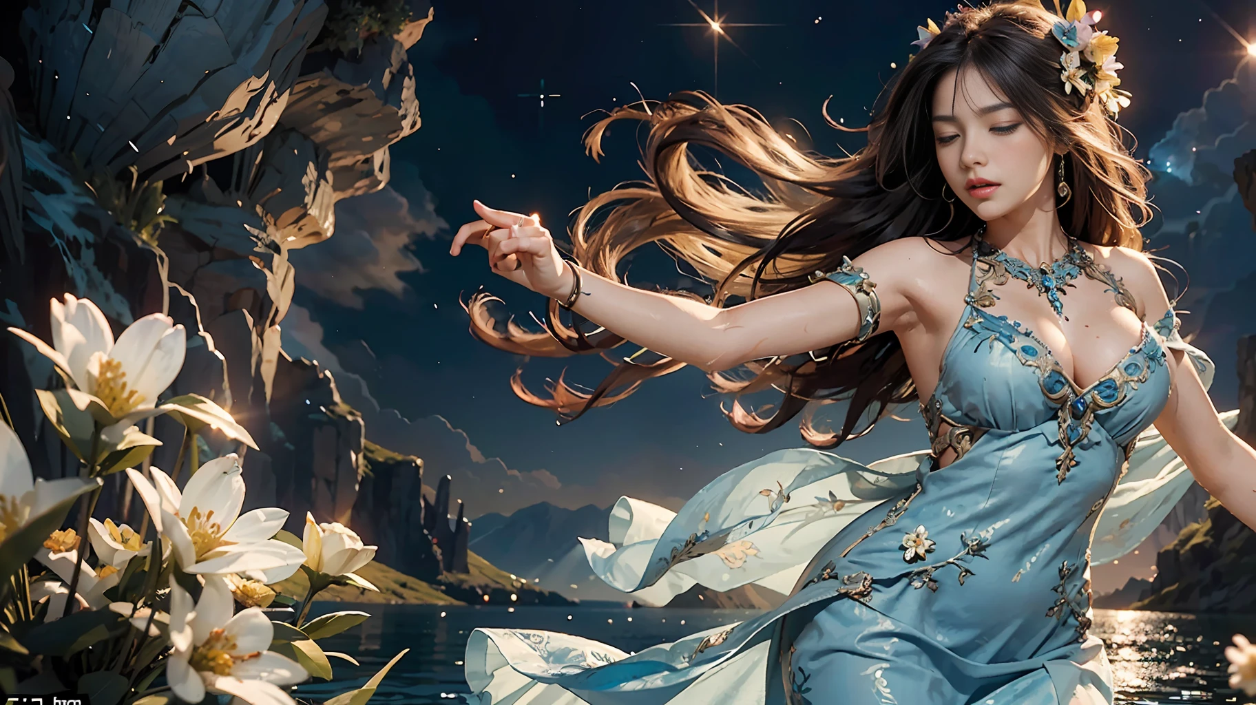 Vast background photo, cowboy shot, super detail of concept art, 38 year old beauty, singing with her eyes closed, singing passionately, cinematic, maxi dress, insanely detailed, sharp focus, night, vast background, lots of flowers dancing, water, lake, nebula