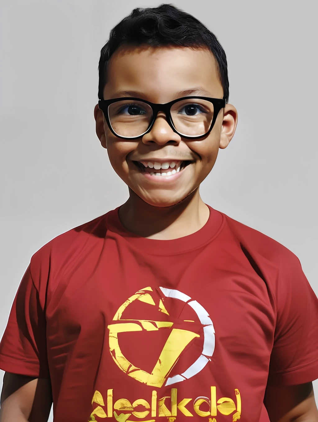 guttonerdreliberate1, portrait of a happy 3-year-old boy wearing glasses, (possing for the photo: 1.2), hands behind the body, wearing (red T-shirt: 1.3), (white cook's clothing: 1.3), (red cap: 1.5) without print and without embroidery. Industrial kitchen scenario. Detailed, realistic, Drawing by alex ross
