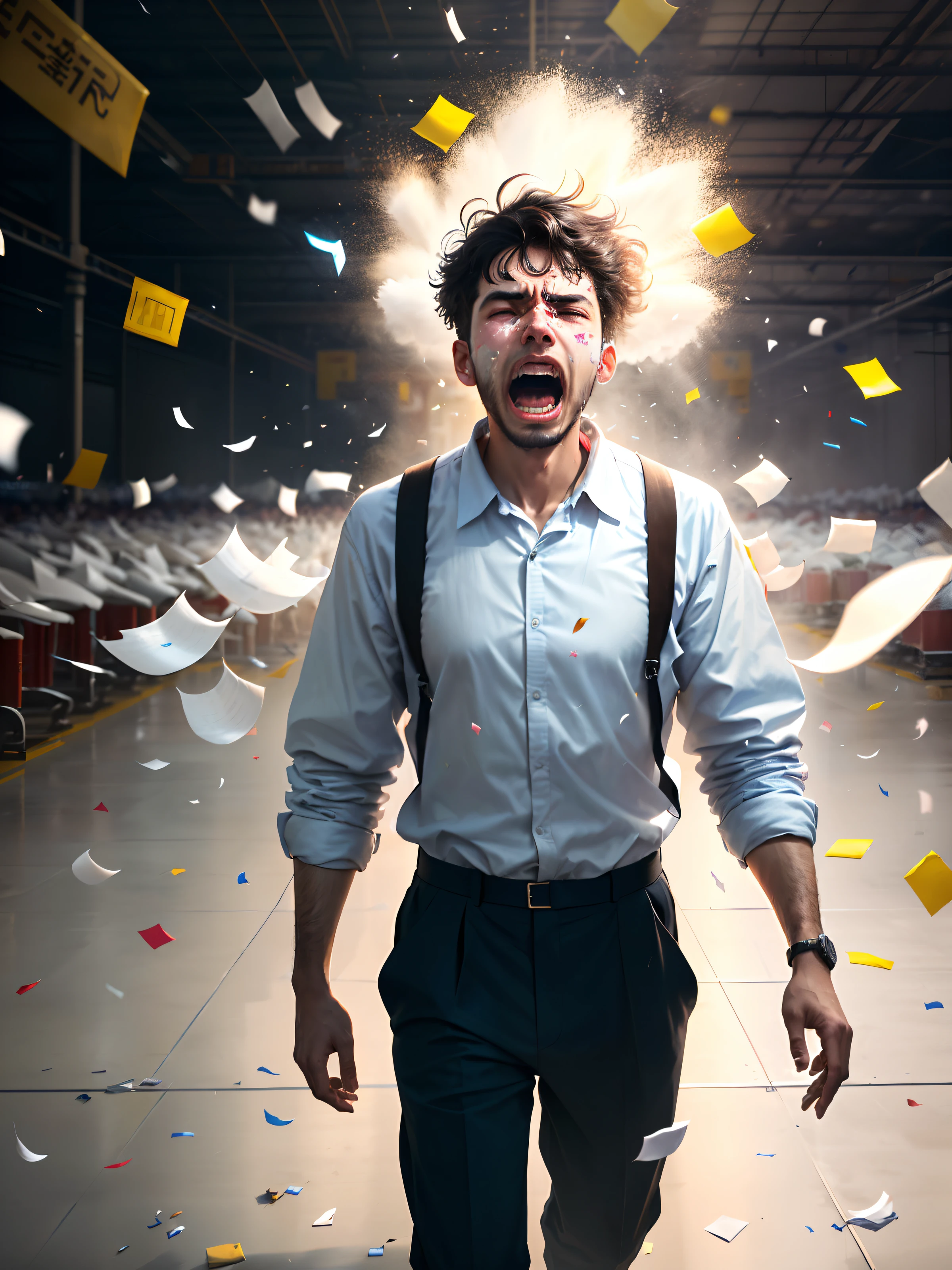 A man in worker's clothes screaming loudly while standing in a messy production hall, white confetti flying around, motion graphics, impact, top view camera, panorama, camera away from man